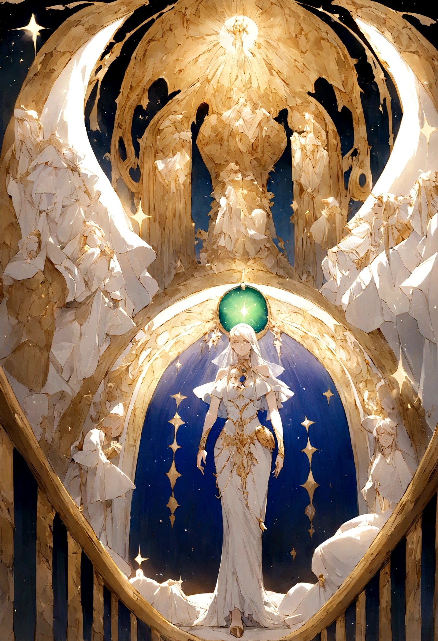 Monster alto y delgado, con una piel que parece hecha de un tejido de luz y sombra. Its appearance is ethereal, con un brillo que emana desde su interior, proyectando un resplandor azulado y fantasmal que ilumina su entorno. Sus ojos son dos faros luminosos que destellan con una luz blanca y pura, reflejando un conocimiento ancestral y misterioso.
El cabello fluye como si fuera una cascada de rayos de luna, moving with a life of its own and leaving behind a trail of luminous sparks. Sus manos y dedos son largos y finos, terminando en puntas que parecen capaces de tocar y manipular la misma esencia de la luz.