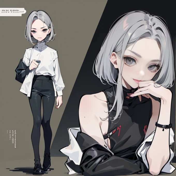 Short Hair,Uniform hair length,Hair color: dark ash gray,The ends of my hair are curly,Barista,Simple fashion clothes,Black V-neck long sleeve dress,Cool Beauty,28-year-old woman,A slight smile on your lips,A mole under the left lip,Stylish cafe,Kind-looking thin eyebrows,Illustration by only one woman,Having a Coffee Pot,highest quality,Hiding forehead,Bangs are diagonal,One simple silver bracelet on the right wrist,coffee,The background is a cafe,Espresso machine,Red lipstick,Precise down to the smallest detail,Left eye wink,Black trousers,no neckless
