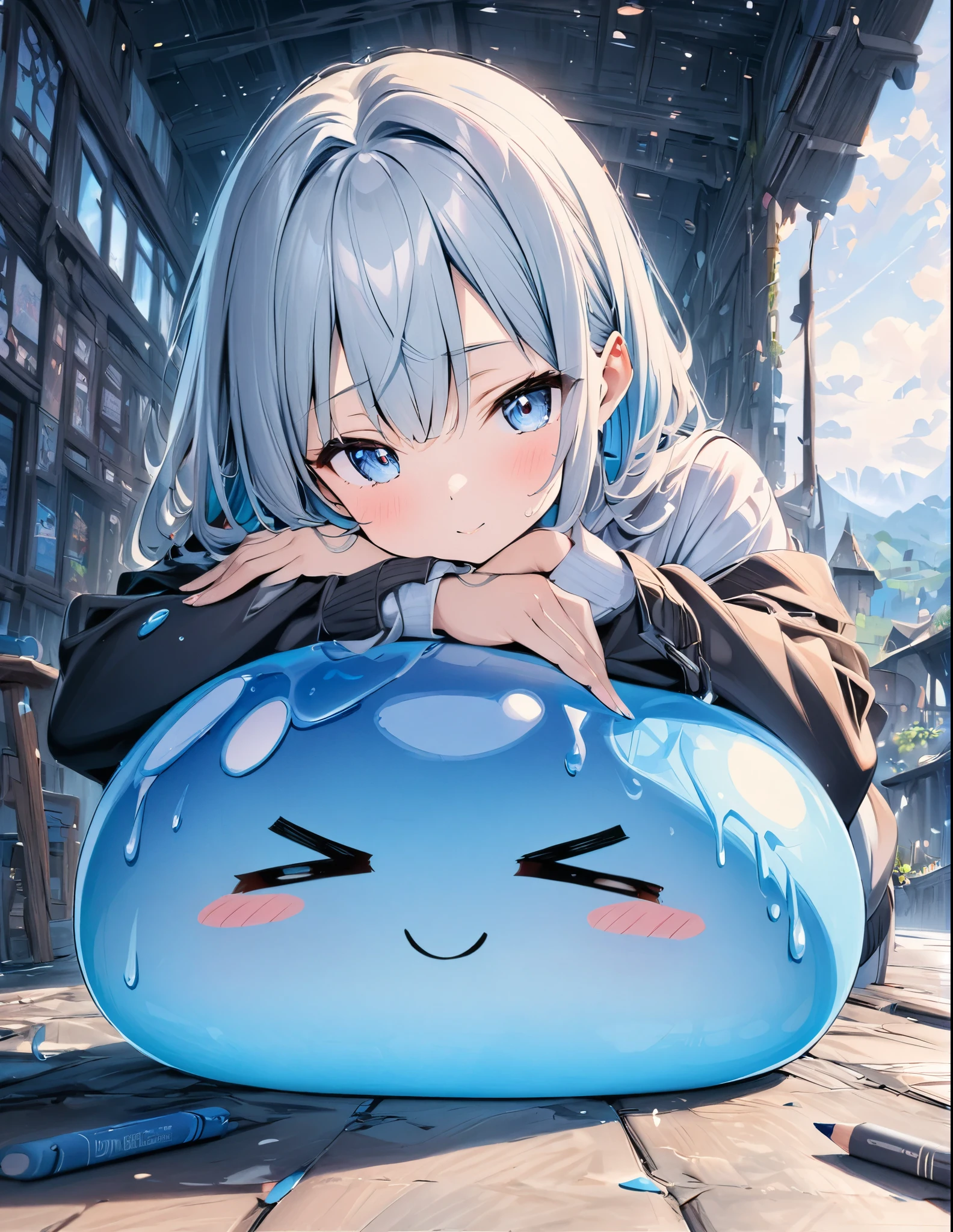 ((style:Colored pencil,pale colour))、(anime)、(masterpiece:1.2),atmospheric perspective,lens flare、Slime and Girl、Fantasy World、cute、Traveling Girl、Girl leaning on slime