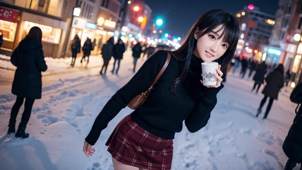 Ultra-realistic 8K photo, young Japanese idol-style woman, small round face, youthful features, black semi-long straight hair, curvy build, fair skin, tight turtleneck sweater, short plaid skirt, thigh-high boots, bold vibrant makeup, playful confident expression, standing in a snowy urban street, one hand holding a hot drink, other hand on hip, snowflakes falling and city lights in the background, soft ambient lighting, low-angle shot, full figure, dynamic winter setting, one person.