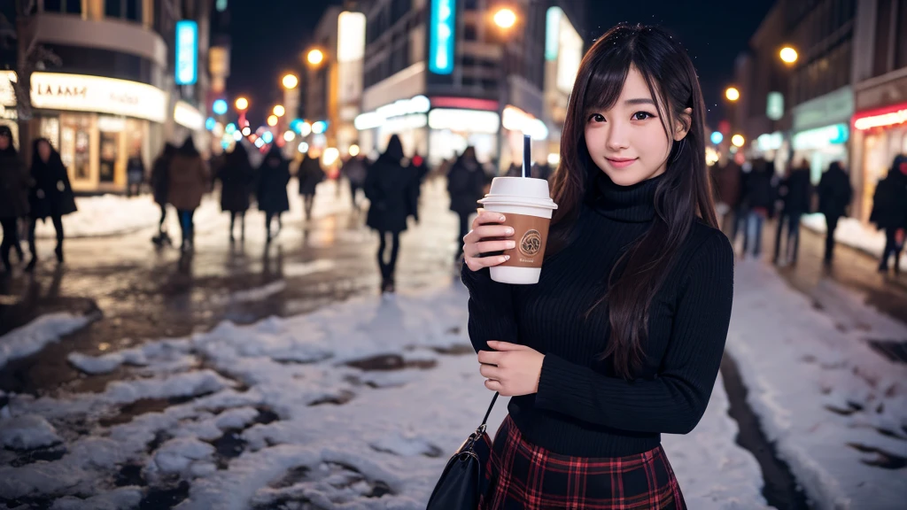 Ultra-realistic 8K photo, young Japanese idol-style woman, small round face, youthful features, black semi-long straight hair, curvy build, fair skin, tight turtleneck sweater, short plaid skirt, thigh-high boots, bold vibrant makeup, playful confident expression, standing in a snowy urban street, one hand holding a hot drink, other hand on hip, snowflakes falling and city lights in the background, soft ambient lighting, low-angle shot, full figure, dynamic winter setting, one person.
