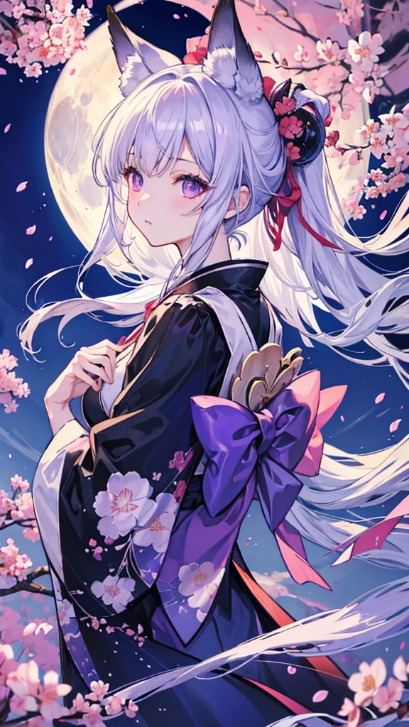 masterpiece, highest quality, highest quality, High resolution Silver Hair Fox ears beautiful girl Purple Eyes Black kimono Upper Body full moon cherry blossoms Hair blowing in the wind