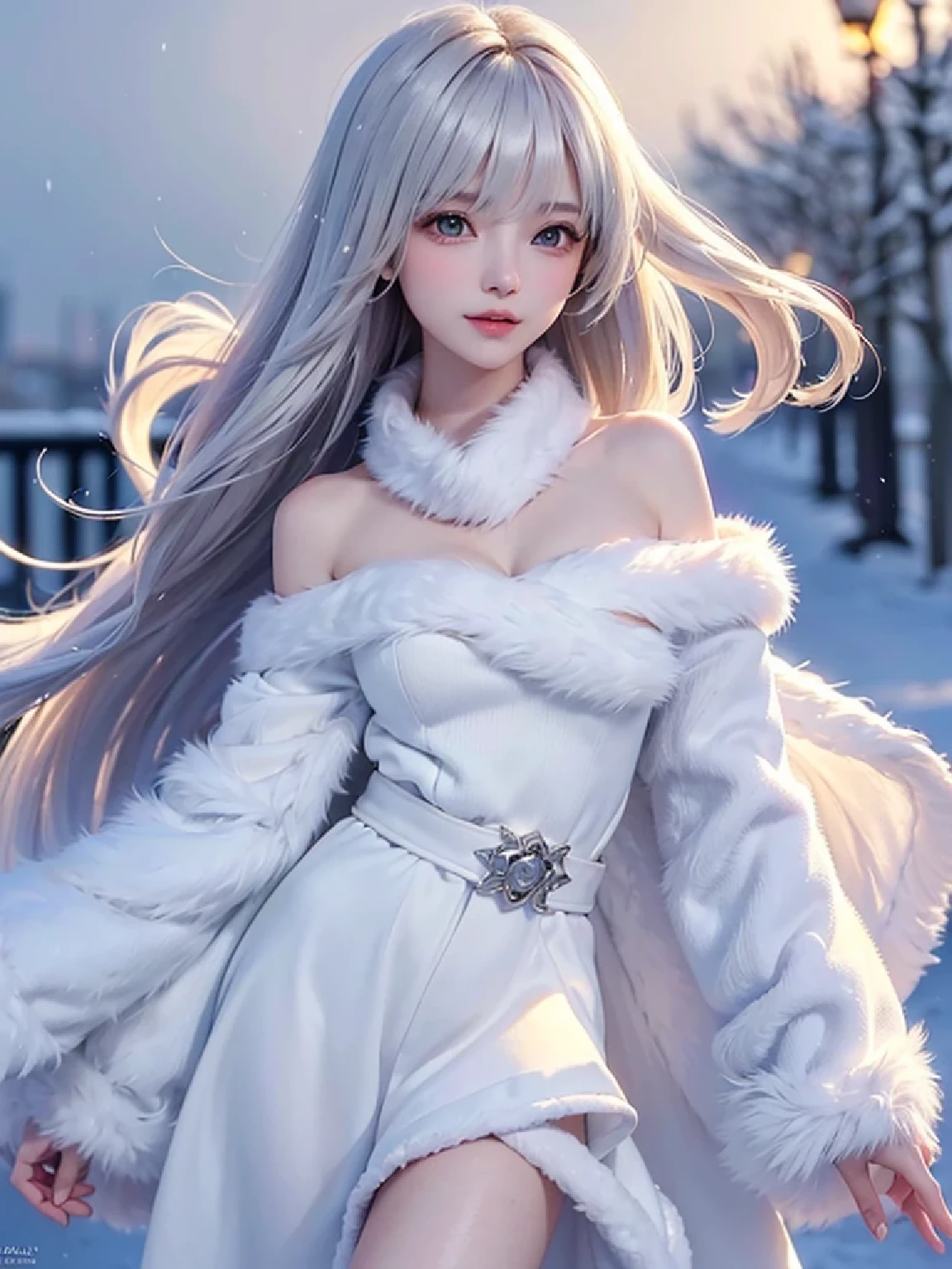 ((masterpiece:1.5、8k、Portrait、Photorealistic and very detailed CG、Very detailed、Particle Effects、Dynamic Effects、Shallow depth of field、Cinematic Light、Lens flare、Ray Tracing、Tabletop、Realistic:1.4、超A high resolution:1.2、Realistic、Realistic))((alone、,Woman wearing a white fur coat over an off-the-shoulder sweater:1.4、Wear a long scarf、Elegant woman posing:、Detailed face、brightexpression、young, bright, Whiter skin、Ample breasts、Best Looks、Ultimate beauty、Shiny silver hair with highlights、Bright and shiny hair,、Super long, Silky straight hair、Hair dancing in the wind))(morning、The setting is outdoors in the snow、Surrounded by illuminations)