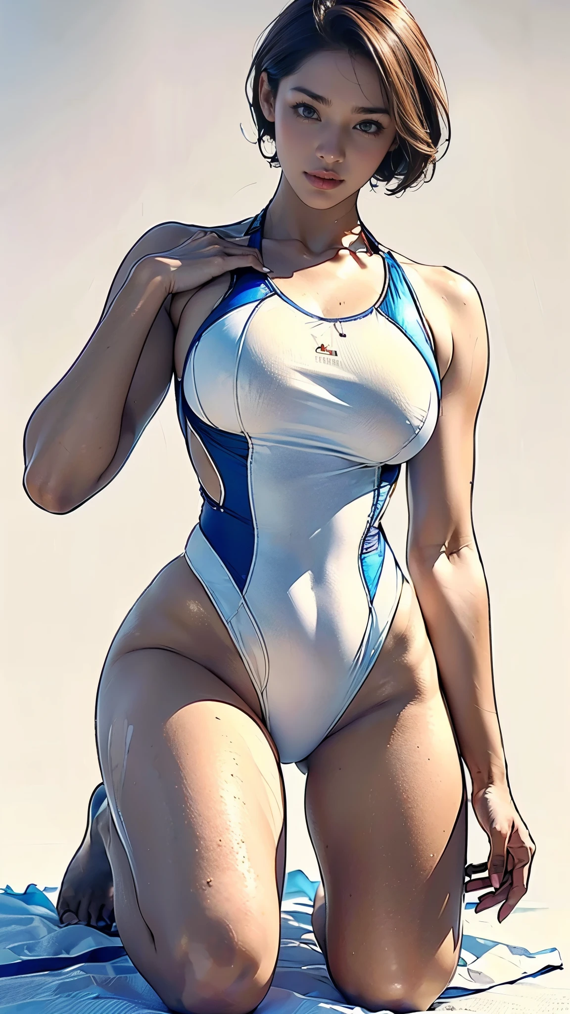 (One Woman),(A woman taking a photo),(((Ultra high-cut swimsuit:1.5))),(((Body-fitting competitive swimwear:1.5))),(short hair:1.5),(front),(camel-toe:1.5),(Beautiful Eyes:1.3),(Sexy Face:1.5),,((Underarm:1.5)),((Kneeling pose:1.5)),(Very detailedな顔:1.5),((Very detailedな手の描画:1.5)),(Big Breasts:1.5),((Muscular:1.5)),(Sexy Looks:1.5),((Thick thighs:1.5)),(Well-built:1.5),(Beautiful body:1.5),((Very sensual:1.5)),(white background studio:1.5),(((Blur the background:1.5))),(Gentle light:1.5),(Written boundary depth:1.5),break(((masterpiece:1.5),(highest quality:1.5),(Very detailed:1.5),(High resolution:1.5),(Realistic:1.5),(Realistic:1.5),(Delicate depiction))),8k,wallpaper