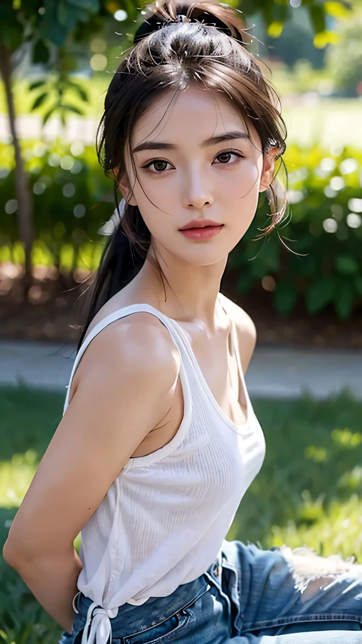 Black underwear,jeans,outdoors,Urban Park,On the lawn,One woman,close up face,fully body photo,masutepiece, The highest image quality, High quality, the background is clear,Beautiful woman, Japanese, Detailed, Detailed eyes, Detailed skin, Beautiful skin, 超hight resolution, (reality: 1.4),Very beautiful woman, Slightly younger face, Beautiful skin, slender, (Ultra photo realsisim), (hight resolution), (8K), (Very detailed) (beautifully detailed eyes), (super detailed), (Detailed face), view the viewer, Fine details, Detailed face, Staring straight ahead, Staring straight ahead, photos realistic, Bright lighting, Professional Lighting, Black hair,poneyTail,a baby face,sixteen years old,Hairstyle: ponytail,Long ponytail hairstyle,slight smile,