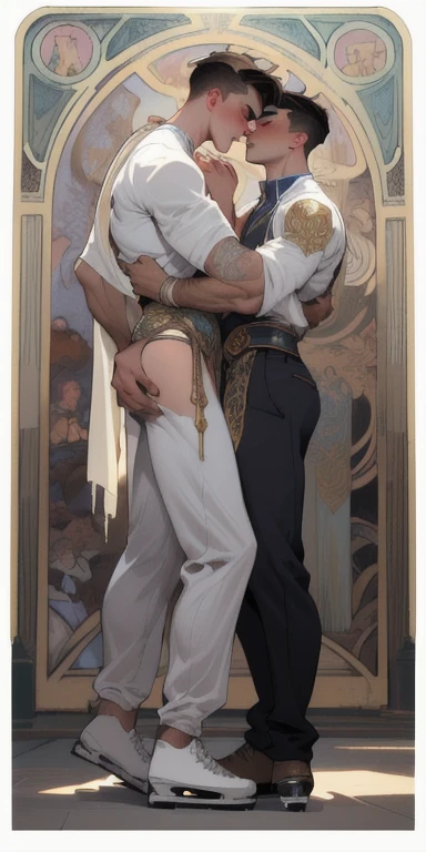 best quality, master piece, full body shot, highly detailed painting by alphonse mucha, ((((Two young men, 19 years old)))), athletic, attractive expression, earrings, fantasy,  dramatic pose, whole body,  concept art, Masterpiece, Oil paints, aesthetically pleasing, beautiful, high art, painting in the style of Alfonso Mucha, Art Nouveau, ancient Greek myths, ((Two young men, 19 years old In short transparent white tunics)) are engaged in figure skating, athletic, athletically built, thin waist, prominent muscles, large, Volumetric elastic buttocks, Duet, hugs, kiss, thong panties