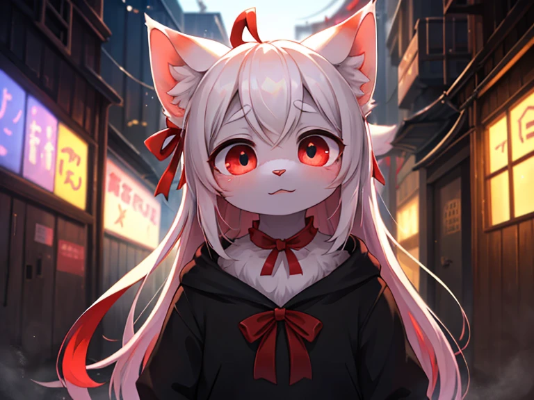 Hallucination, daydream , bokeh , A dense foggy Alley leading to purgatory , White face, big eyes and a red ribbon , Smooth and soft fur , hell kitty 