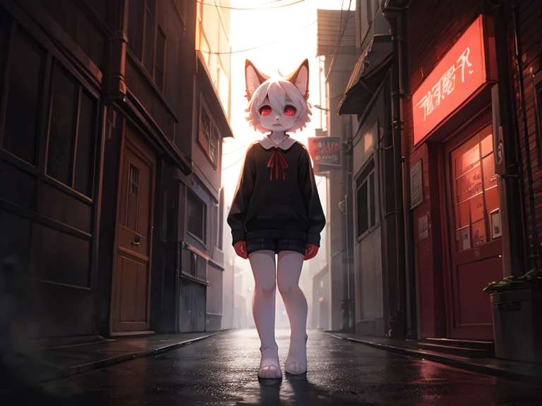 Hallucination, daydream , bokeh , A dense foggy Alley leading to purgatory , White face, big eyes and a red ribbon , Smooth and soft fur , hell kitty