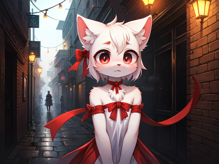 Hallucination, daydream , bokeh , A dense foggy Alley leading to purgatory , White face, big eyes and a red ribbon , Smooth and soft fur , hell kitty