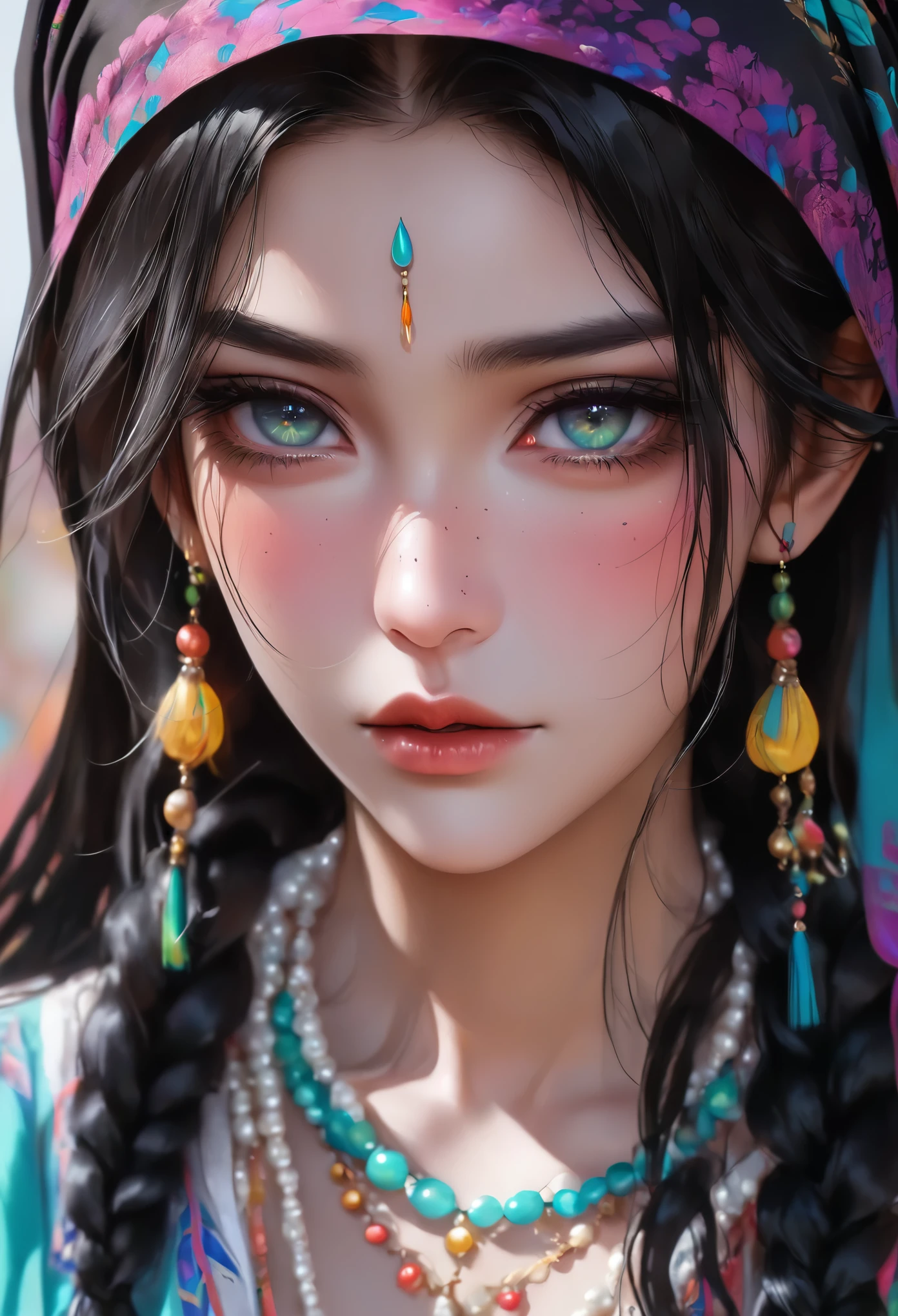 1 Girl，flowing long black hair，Colorful braids，Hair shine，Wearing a headscarf，minority，Skin details，Beautiful facial features，Exquisite makeup，Exquisite eyes，Eye details，Dark eyeshadow，small freckles，Pearl necklace，Shoulder，arm，minority服饰，