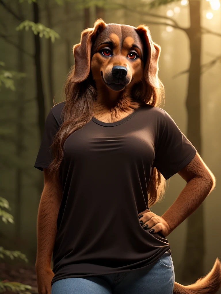 (Sexy Posing:1.5), Female, 30 years old, cute, eyeliner, long hair, biting lip smile, black shirt, bedroom eyes, anthro, dog ears, (brown fur:1.5), baggy shirt, dog chocolate Labrador, forest background, 8k, hi res, (best quality, masterpiece), red eyes, (dog tail:1.5), detailed fur