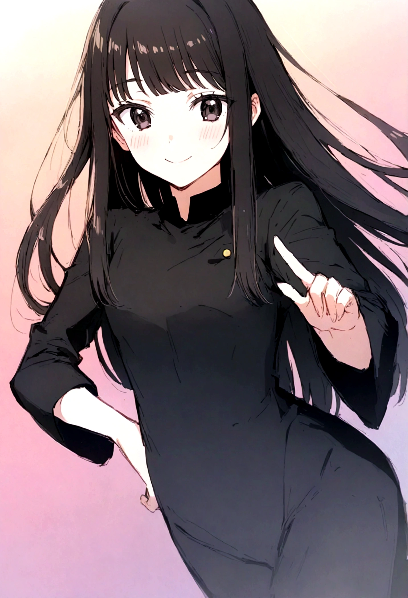 anime girl, wearing juunihitoe, all black uniform, short black hair with bangs, black eyes, beautiful, small breasts, smiling, blushing, slender