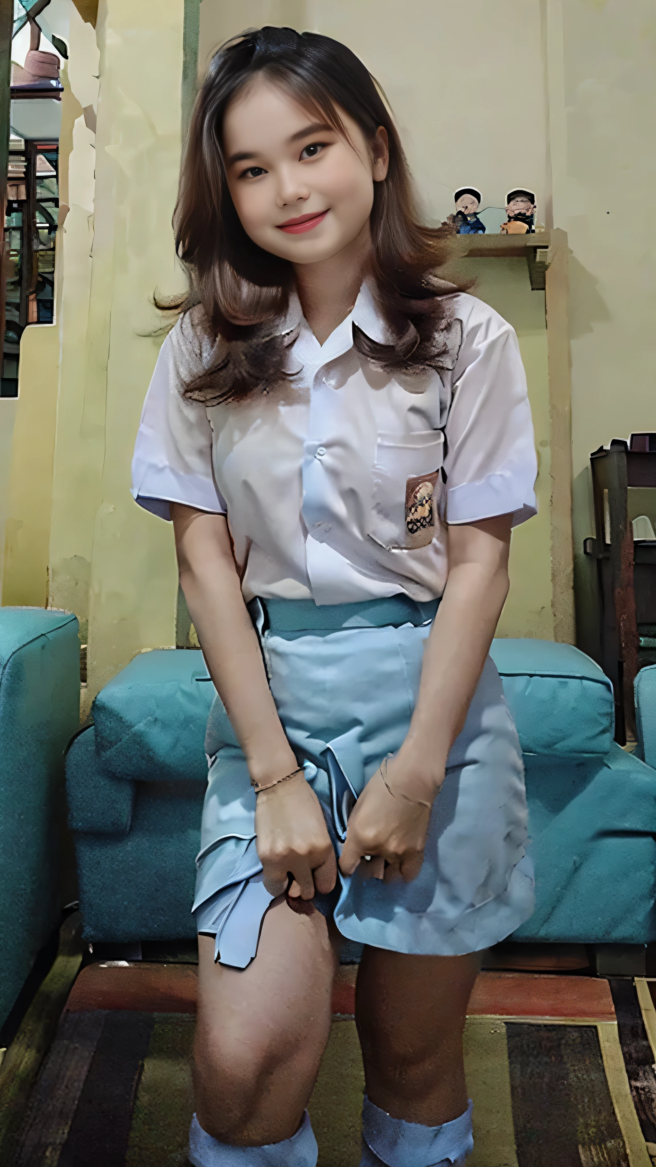 (8k, RAW photo, best quality, mastery:1.3), (realistic, photo-realistic:1.37), (looking viewer:1.331), posing Seductively, living room, soft light, 15 year old girl, short body, beautiful thighs, smaller chest, brunette hair, long hair, smile, white shirt, short sleeves, blue mini skirt