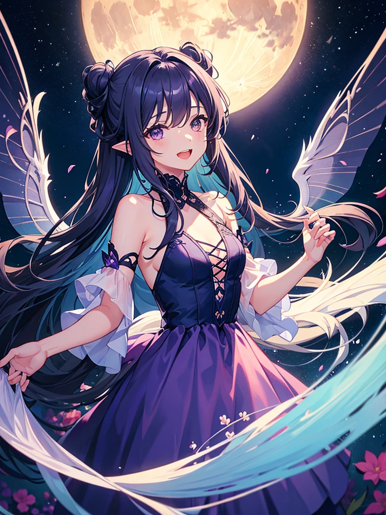 highest quality、Masterpiece、full moon、night、Flower Garden、One girl、Fairy、Wings growing from his back、Gray Hair、long hair、Hair tied up、No Shadow、Big purple eyes、Green and blue dress、Open mouth smile、Flying in the sky