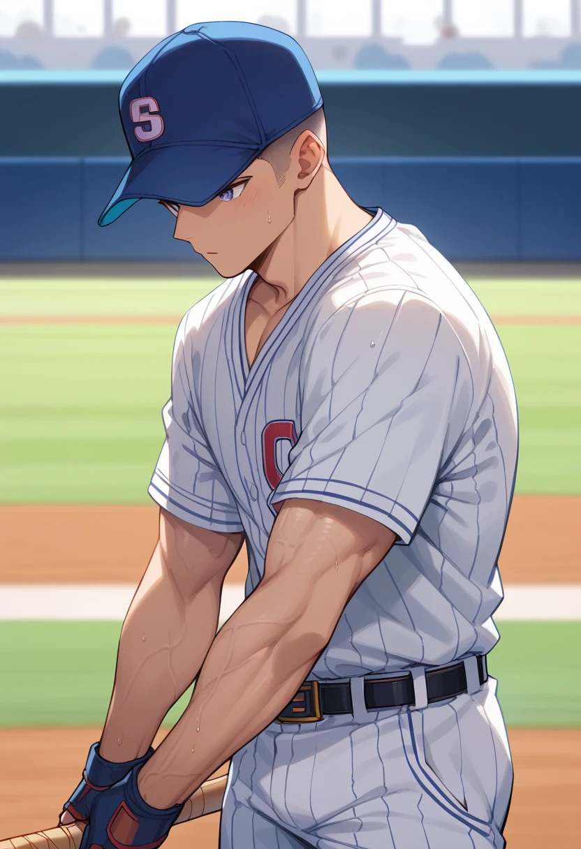 (score_9,score_8_up,score_7_up,score_6_up,score_5_up,score_4_up), best quality, best lighting, high-definition background, 1 boy is (16 yo), muscled, tanned, shaved head, baseball uniform, ((veiny arms)), play baseball, baseball bat, sweaty, baseball stadium, wide shot,