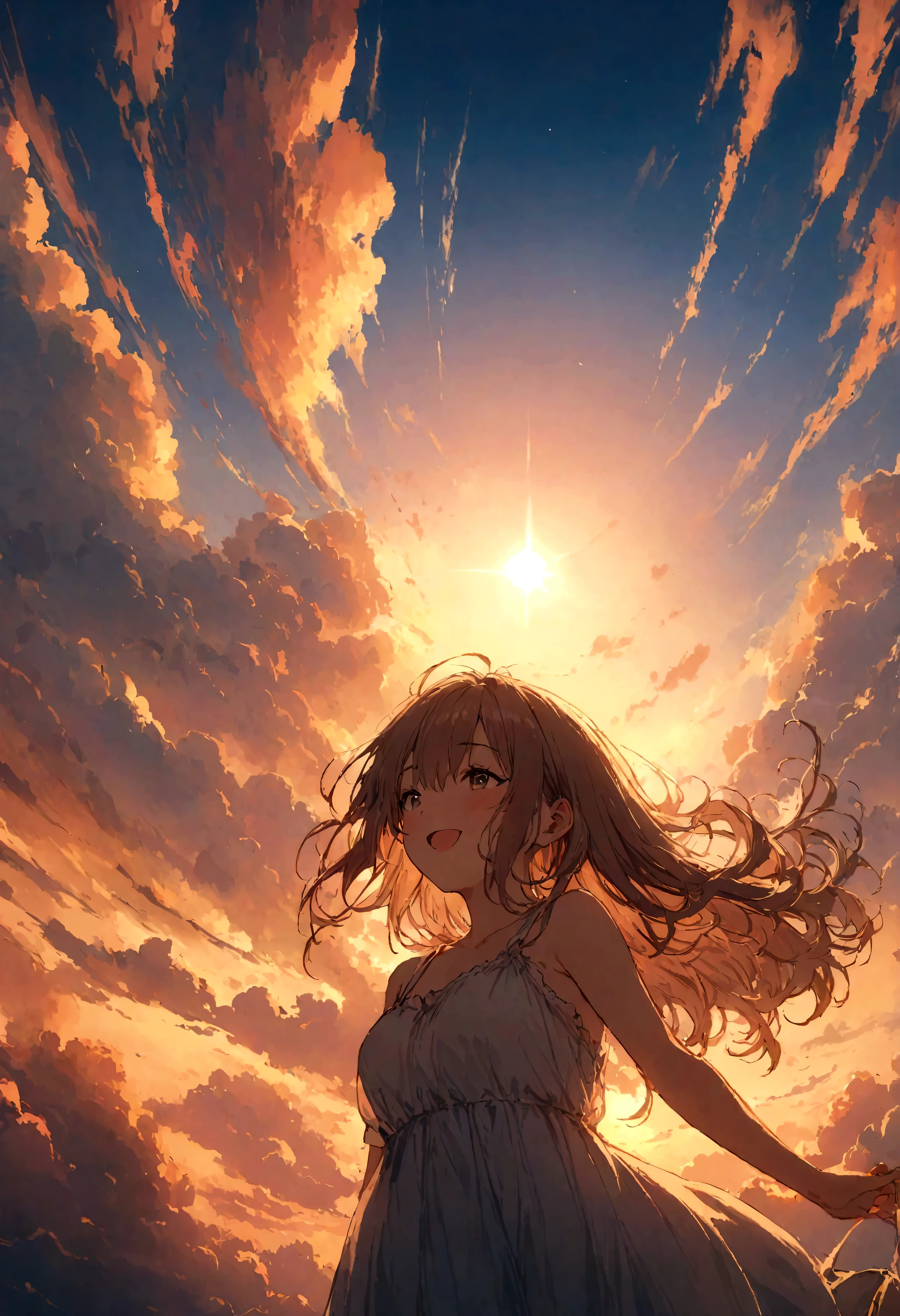 masterpiece, highest quality, Movie stills, One girl, Cloud Girl, Floating in the sky, close, bright, Happy, Warm and soft lighting, sunset, (spark:0.7)