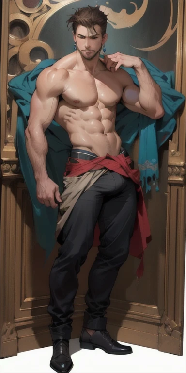 best quality, master piece, full body shot, highly detailed painting by alphonse mucha,
a male topless angles touching his chests, handsome pretty face, pretty eyes, thigh, bulge, attractive expression, earrings,
fantasy, bara, dramatic pose, whole body, concept art, detailed face,