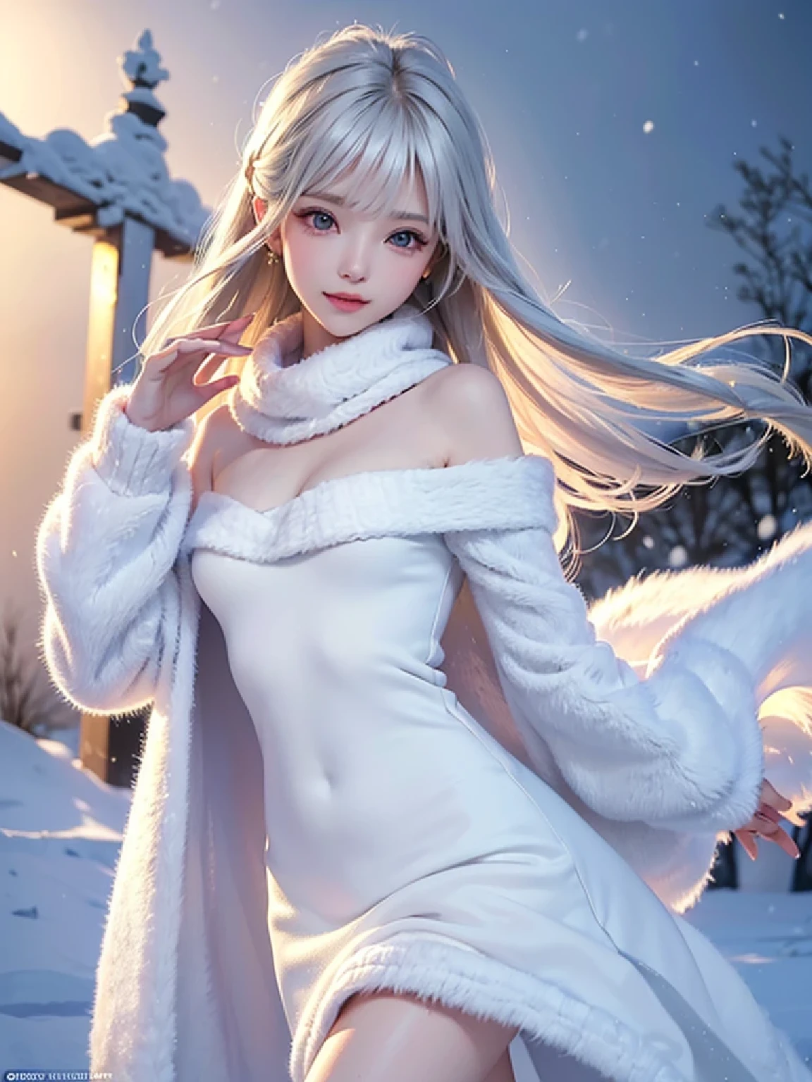 ((masterpiece:1.5、8k、Portrait、Photorealistic and very detailed CG、Very detailed、Particle Effects、Dynamic Effects、Shallow depth of field、Cinematic Light、Lens flare、Ray Tracing、Tabletop、Realistic:1.4、超A high resolution:1.2、Realistic、Realistic))((alone、,Woman wearing a white fur coat over an off-the-shoulder sweater:1.4、Wear a long scarf、Elegant woman posing:、Detailed face、brightexpression、young, bright, Whiter skin、Ample breasts、Best Looks、Ultimate beauty、Shiny silver hair with highlights、Bright and shiny hair,、Super long, Silky straight hair、Hair dancing in the wind))(morning、The setting is outdoors in the snow、Surrounded by illuminations)