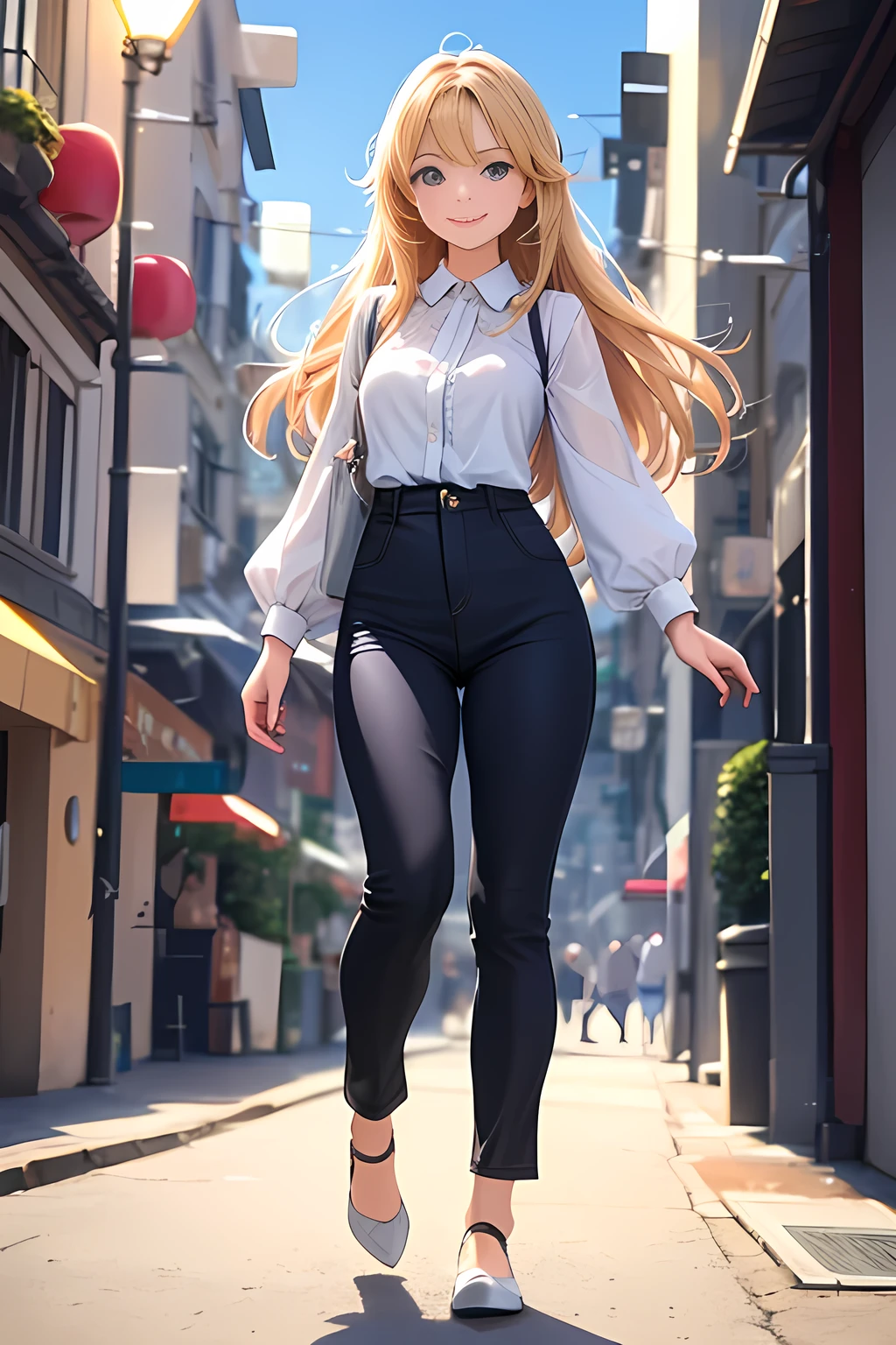 Beautiful girl of European appearance with beautiful hair and a light character, simple women's clothing, light colors, full-body shot, slightly smiling, walking in the city in ultra high quality