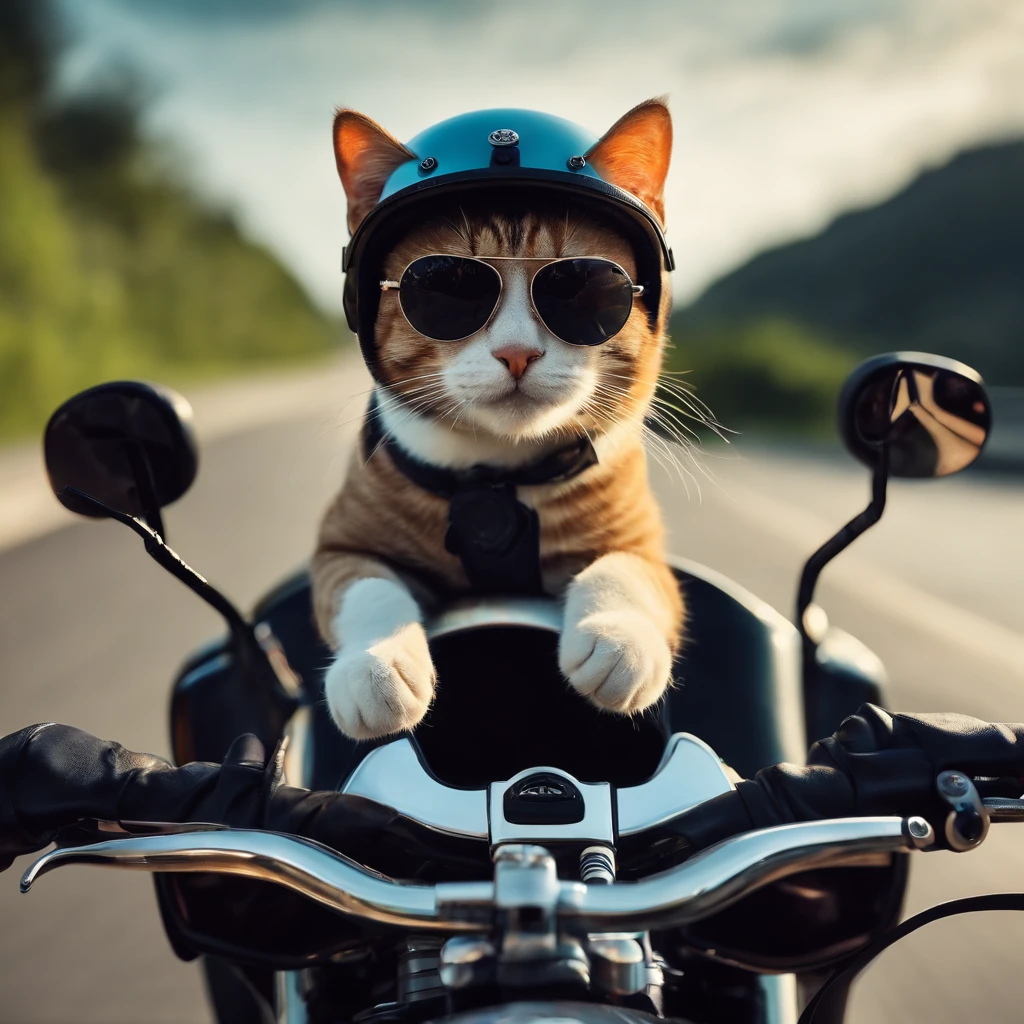 Cat riding a motorbike wearing a motorcycle helmet and sunglasses