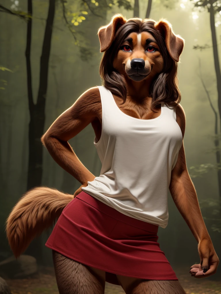 (Sexy Posing:1.5), Female, 30 years old, cute, eyeliner, long hair, biting lip smile, blue tank top shirt, bedroom eyes, anthro, dog ears, (brown fur:1.5), baggy shirt, dog chocolate Labrador, forest background, 8k, hi res, (best quality, masterpiece), red eyes, (dog tail:1.5), detailed fur, mini skirt,