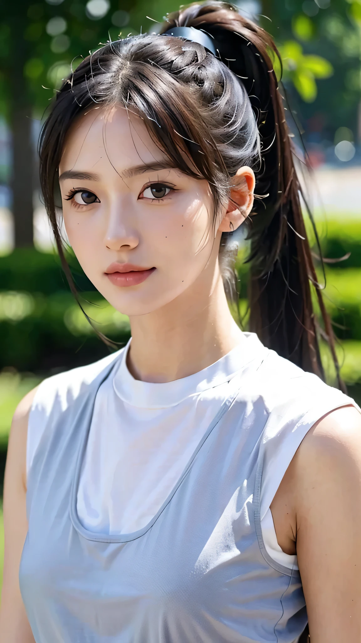 White shirt,jeans,outdoors,Urban Park,On the lawn,One woman,close up face,fully body photo,masutepiece, The highest image quality, High quality, the background is clear,Beautiful woman, Japanese, Detailed, Detailed eyes, Detailed skin, Beautiful skin, 超hight resolution, (reality: 1.4),Very beautiful woman, Slightly younger face, Beautiful skin, slender, (Ultra photo realsisim), (hight resolution), (8K), (Very detailed) (beautifully detailed eyes), (super detailed), (Detailed face), view the viewer, Fine details, Detailed face, Staring straight ahead, Staring straight ahead, photos realistic, Bright lighting, Professional Lighting, Black hair,poneyTail,a baby face,sixteen years old,Hairstyle: ponytail,Long ponytail hairstyle,slight smile,