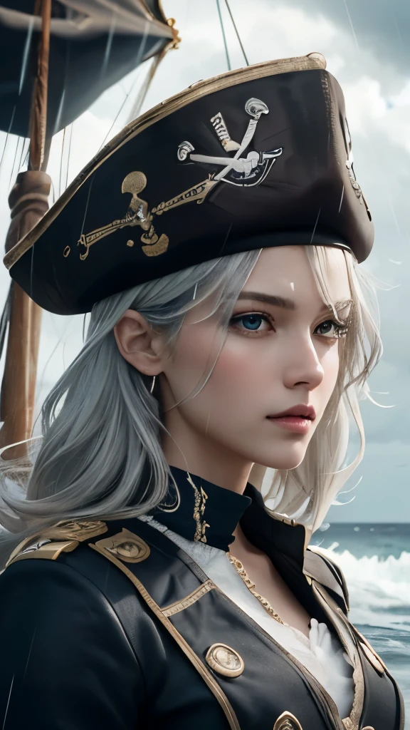 (masterpiece, highest quality, Awards, High resolution), 1 Beautiful female pirate, skinny, expensive, pirate hat, Elaborate pirate costumes, Intricate and beautiful design, Highly detailed beautiful face, Silver Hair, Medium Hair, On a pirate ship, storm, rain, Rough seas, Detailed Background, Splash, Very CG-like detail, Super detailed