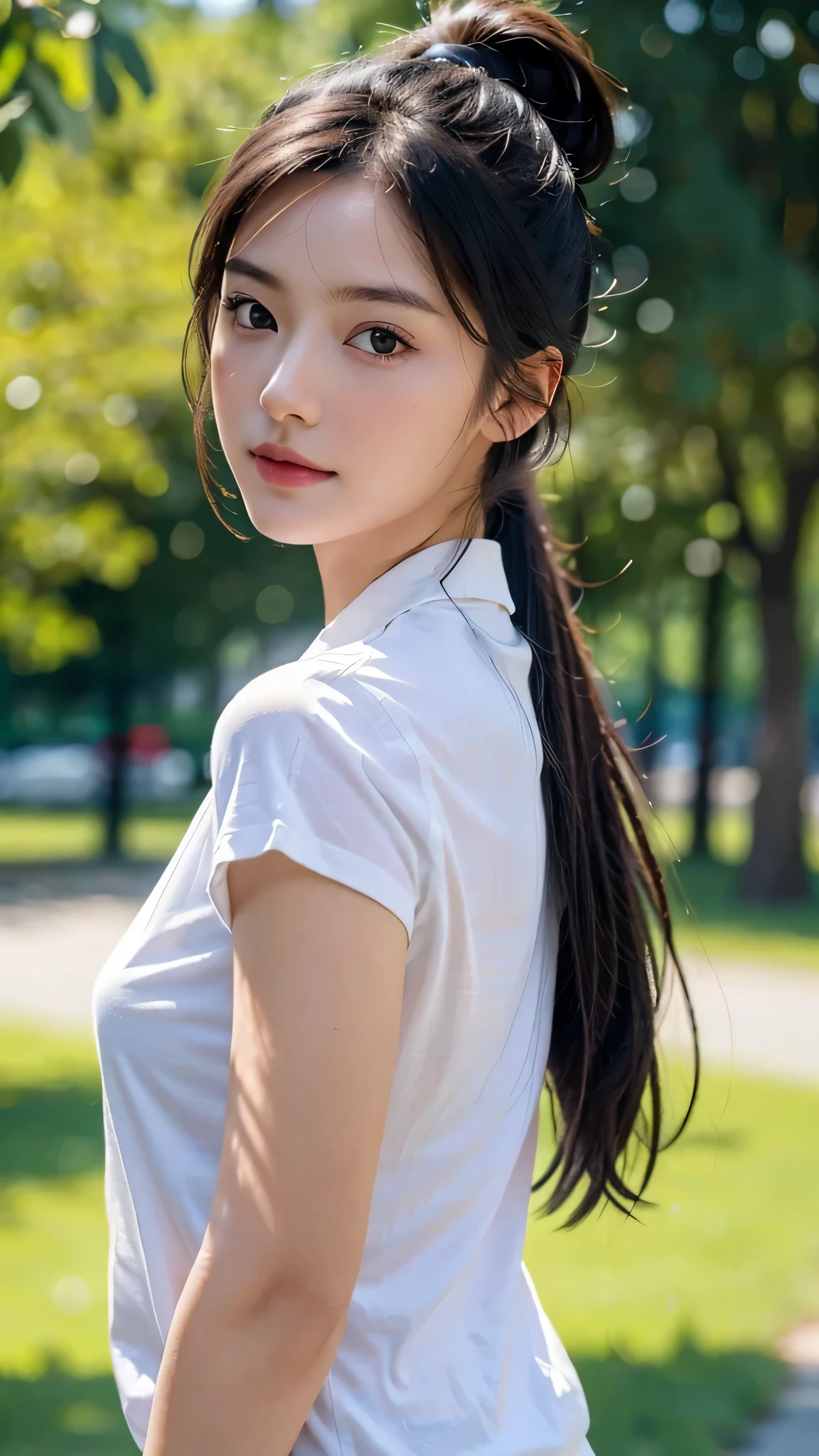 White shirt,jeans,outdoors,Urban Park,On the lawn,One woman,close up face,fully body photo,masutepiece, The highest image quality, High quality, the background is clear，Beautiful woman, Japanese, Detailed, Detailed eyes, Detailed skin, Beautiful skin, 超hight resolution, (reality: 1.4),Very beautiful woman, Slightly younger face, Beautiful skin, slender, (Ultra photo realsisim), (hight resolution), (8K), (Very detailed) (beautifully detailed eyes), (super detailed),   (Detailed face), view the viewer, Fine details, Detailed face, Staring straight ahead, Staring straight ahead, photos realistic, Bright lighting, Professional Lighting, Black hair,poneyTail,a baby face,sixteen years old,Hairstyle: ponytail,Long ponytail hairstyle,slight smile,