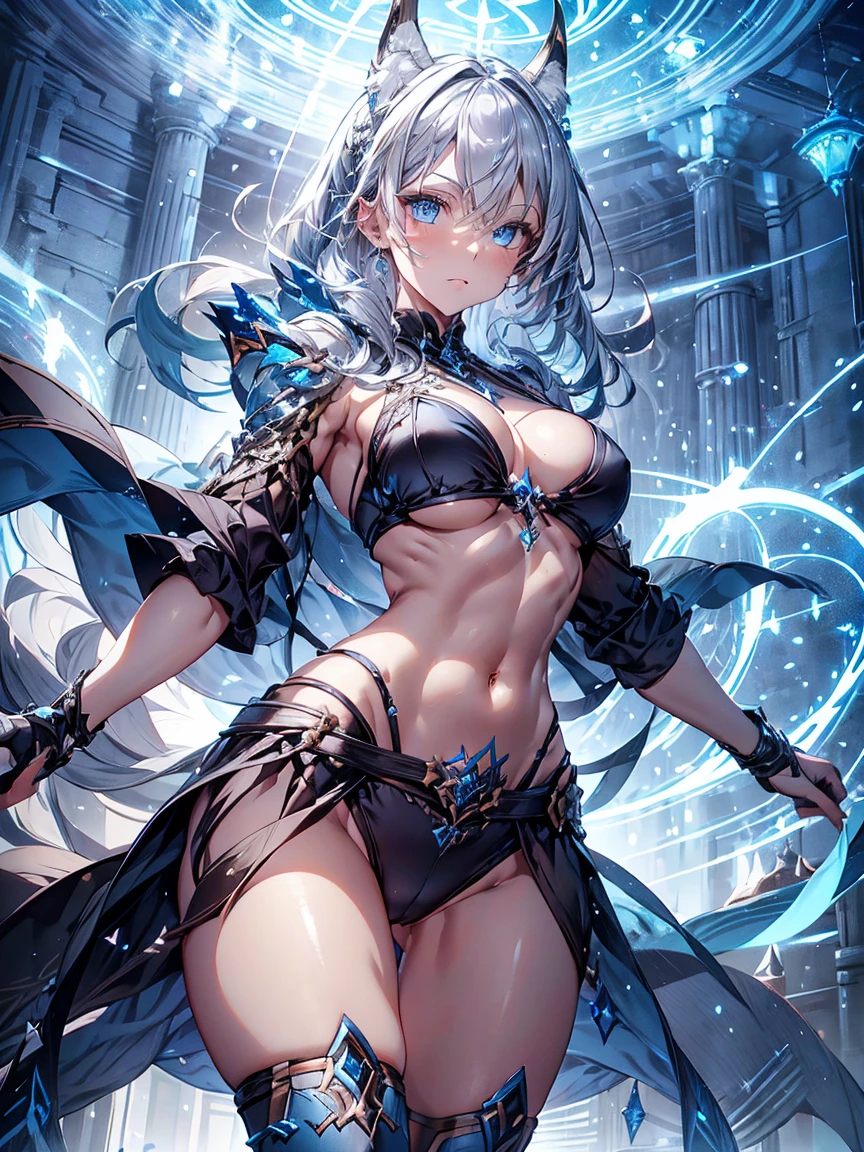 1 girl,Severe,Silver Hair,Wolf Ears,blue eyes,Bikini Armor,Has a long sword,Abdominal muscles,Dynamic Pose,Dynamic Angle,Intricate details, Ultra-realistic, Perfect 