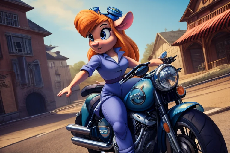 {{gadget_hackwrench}}, looking aside, {long orange hair}, {in a vintage '50s blue overalls}, riding an red old style motorcycle, dynamic pose for speed riding, (focused look), gh_clothes, gh_goggles, (high quality:1.2), masterpiece, detailed, hi res, 4k, sharp focus