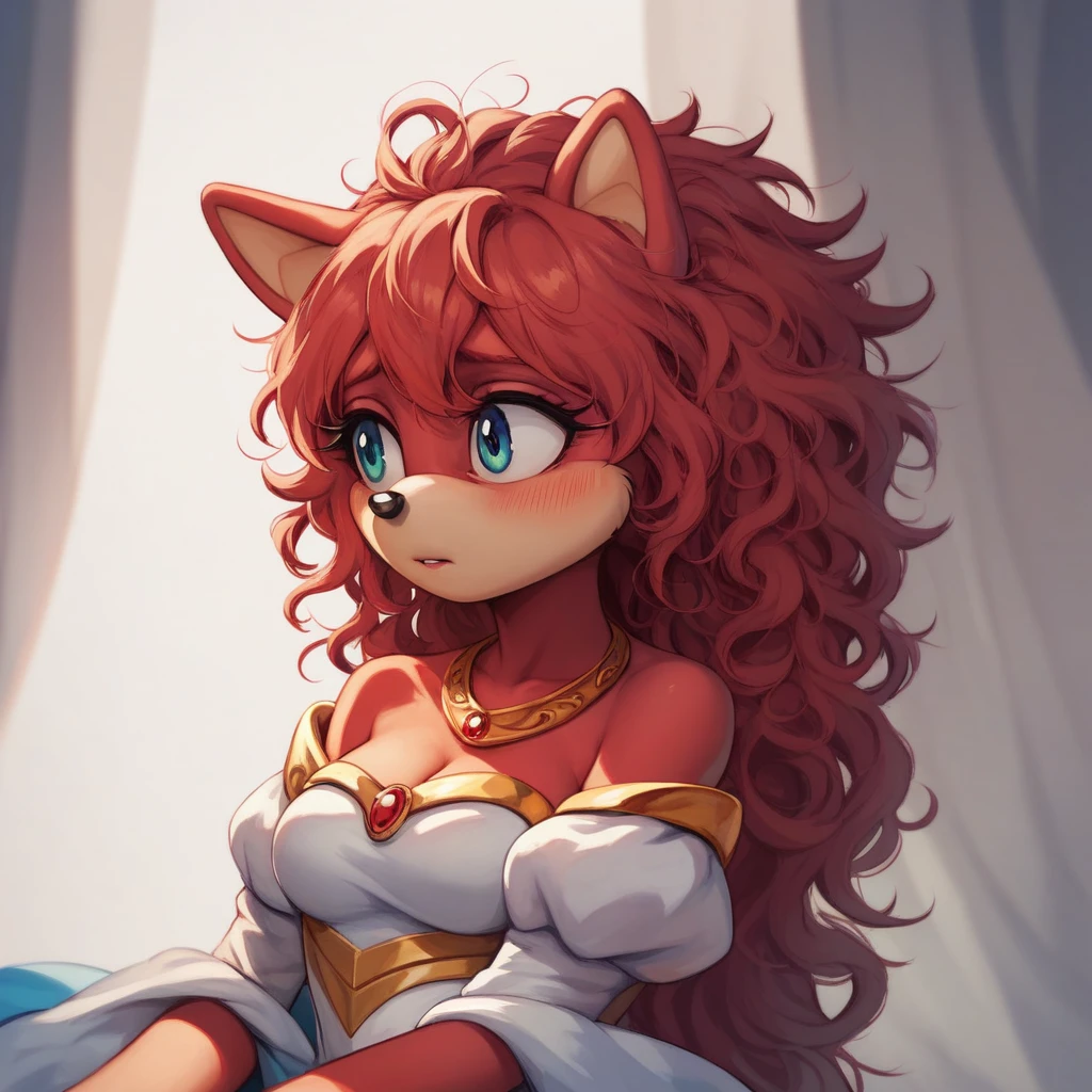 score_9, score_8up, 2d, cel shading, sonic \ (series\ ), 1girl, anthro hedgehog, red fur, red hair, messy hair, medium breasts,princess, princess clothes, shy, blushed, looking away, princess, solo, home, by Akami Mirai