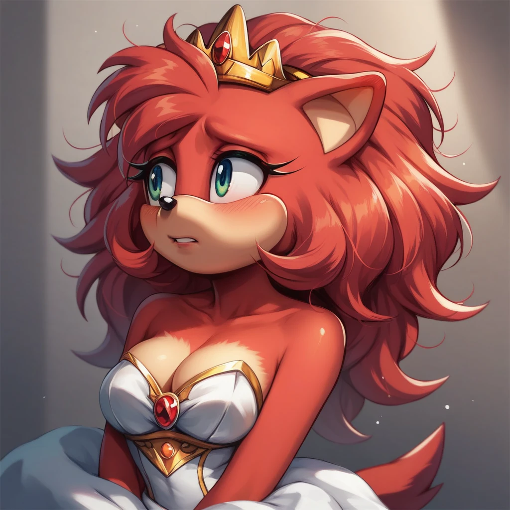 score_9, score_8up, 2d, cel shading, sonic \ (series\ ), 1girl, anthro hedgehog, red fur, red hair, messy hair, medium breasts,princess, princess clothes, shy, blushed, looking away, princess, solo, home, by Akami Mirai