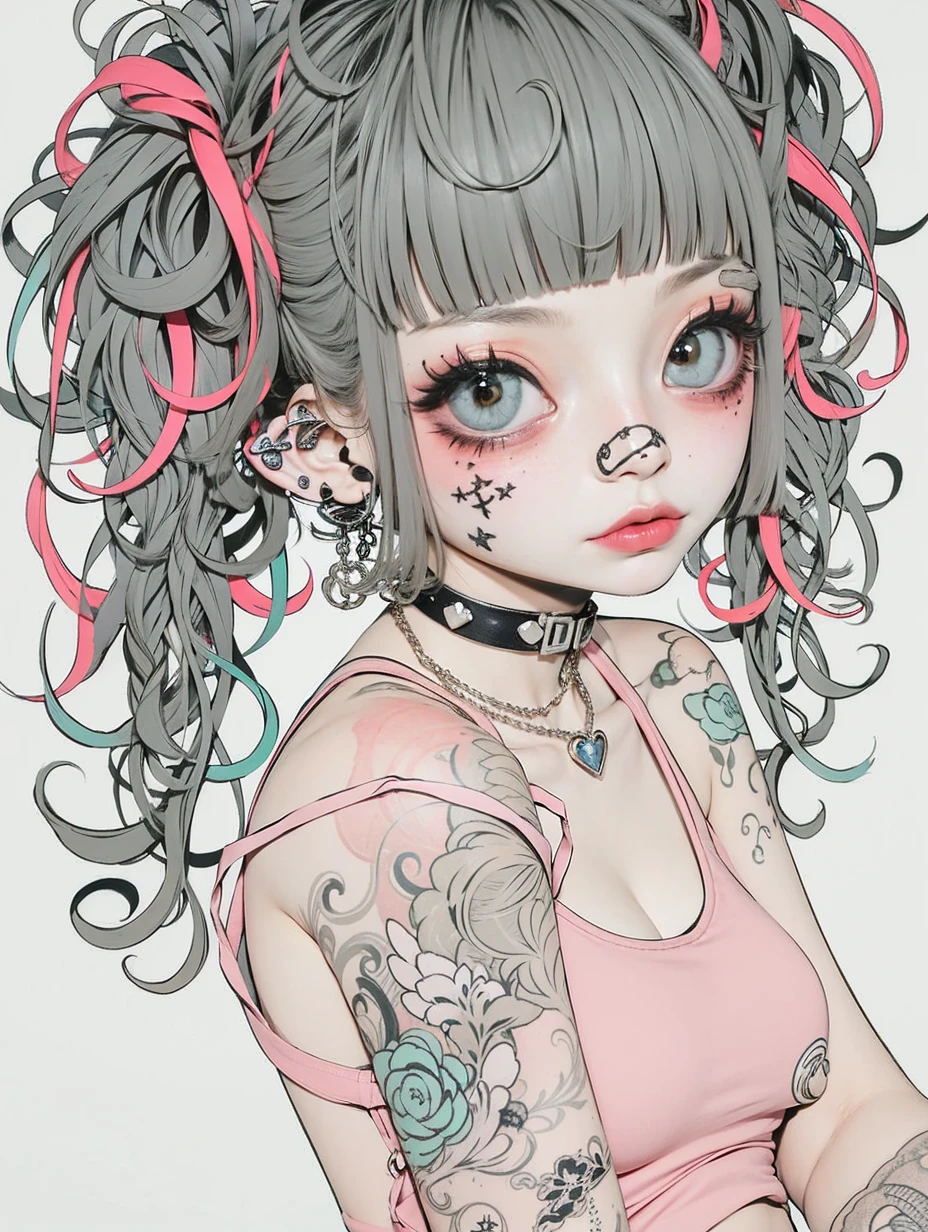 masterpiece, ultra detailed, hyper detailed, insanely detailed, detailed, high quality, best quality, exquisite, beautiful, woman, shy, wink, making a V sign, looking at viewer, black hair, big eyes, slant eyes, wide-eyed, heterochromia, with heart-shaped pupils, wheatish skin, skirt, choker, with a tattoo, piercing, beauty mark, freckles, blush, nail polish, long hair, twintail, very long hair, long hair, twintails, spiked hair, flipped hair, ahoge, shiny hair, wavy hair