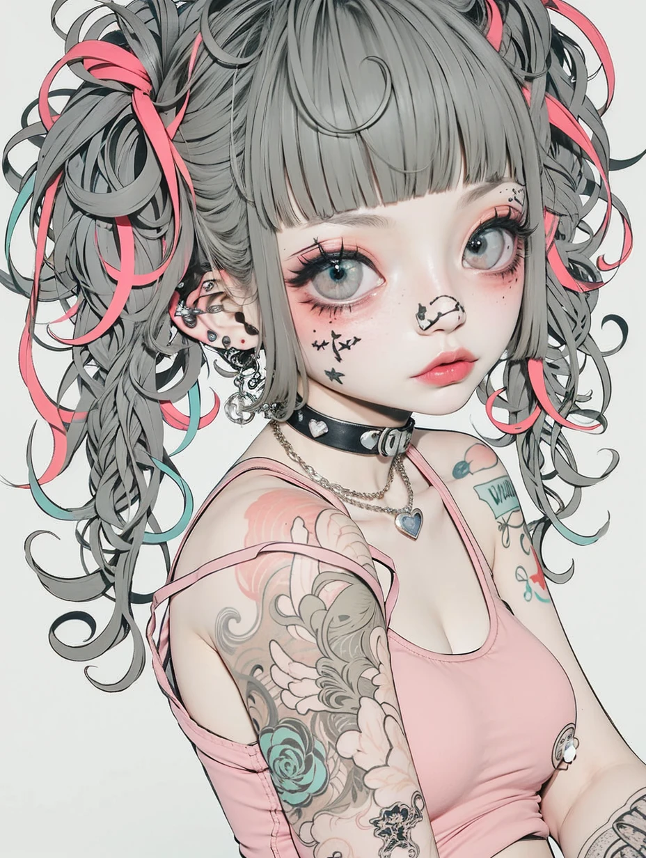 masterpiece, ultra detailed, hyper detailed, insanely detailed, detailed, high quality, best quality, exquisite, beautiful, woman, shy, wink, making a V sign, looking at viewer, black hair, big eyes, slant eyes, wide-eyed, heterochromia, with heart-shaped pupils, wheatish skin, skirt, choker, with a tattoo, piercing, beauty mark, freckles, blush, nail polish, long hair, twintail, very long hair, long hair, twintails, spiked hair, flipped hair, ahoge, shiny hair, wavy hair