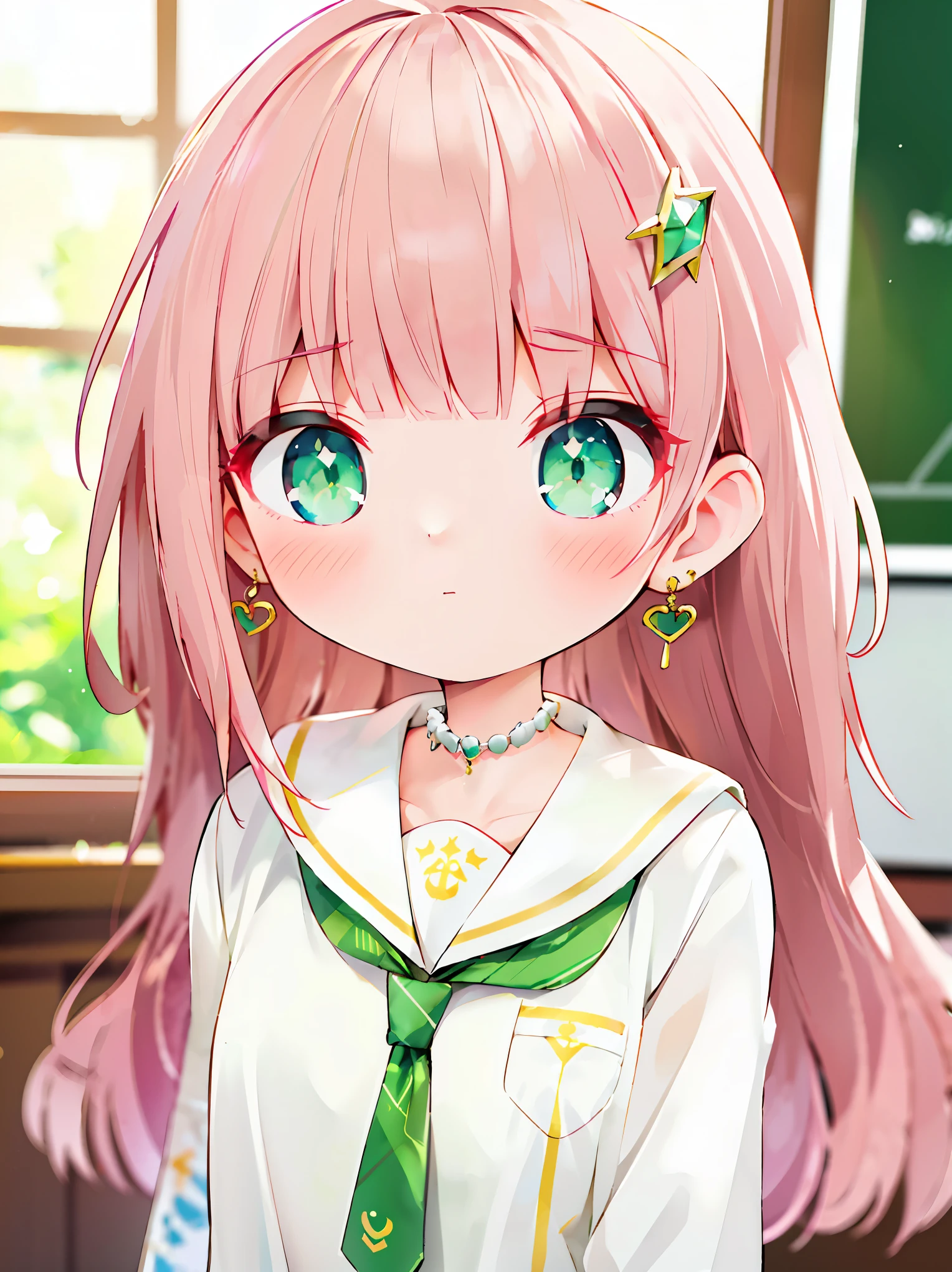 {{{{masterpiece}}}},{{{emaiti}}}, {{{Super detailed}}}, {{{high resolution}}}, {{good anatomy}}, (((best quality))),((emerald and green eyes,brown hair)),{{Extremely detailed and refined}}, {4k CG wallpaper}, {{illustration}}, ((pearl pink hair,JK)),((looking out a window,in school)),(((face portrait,detailed face,bigger eyeballs,standing,bust,standing))),(curly hair|long hair|Detailed hair|blunt bangs|shiny hair),(((school uniform,sailor tie,neck collar,ear rings))),{{{emotionless face,mature}}},(lesbian,JK,1 woman:1),(small breasts),masterlighting,standing on the edge of mountain,((The details are complex、Shallow depth of field、movie lighting、Reflectors、a Canon EOS R5、50mm lens、f / 2.8、shot at 8k resolution))