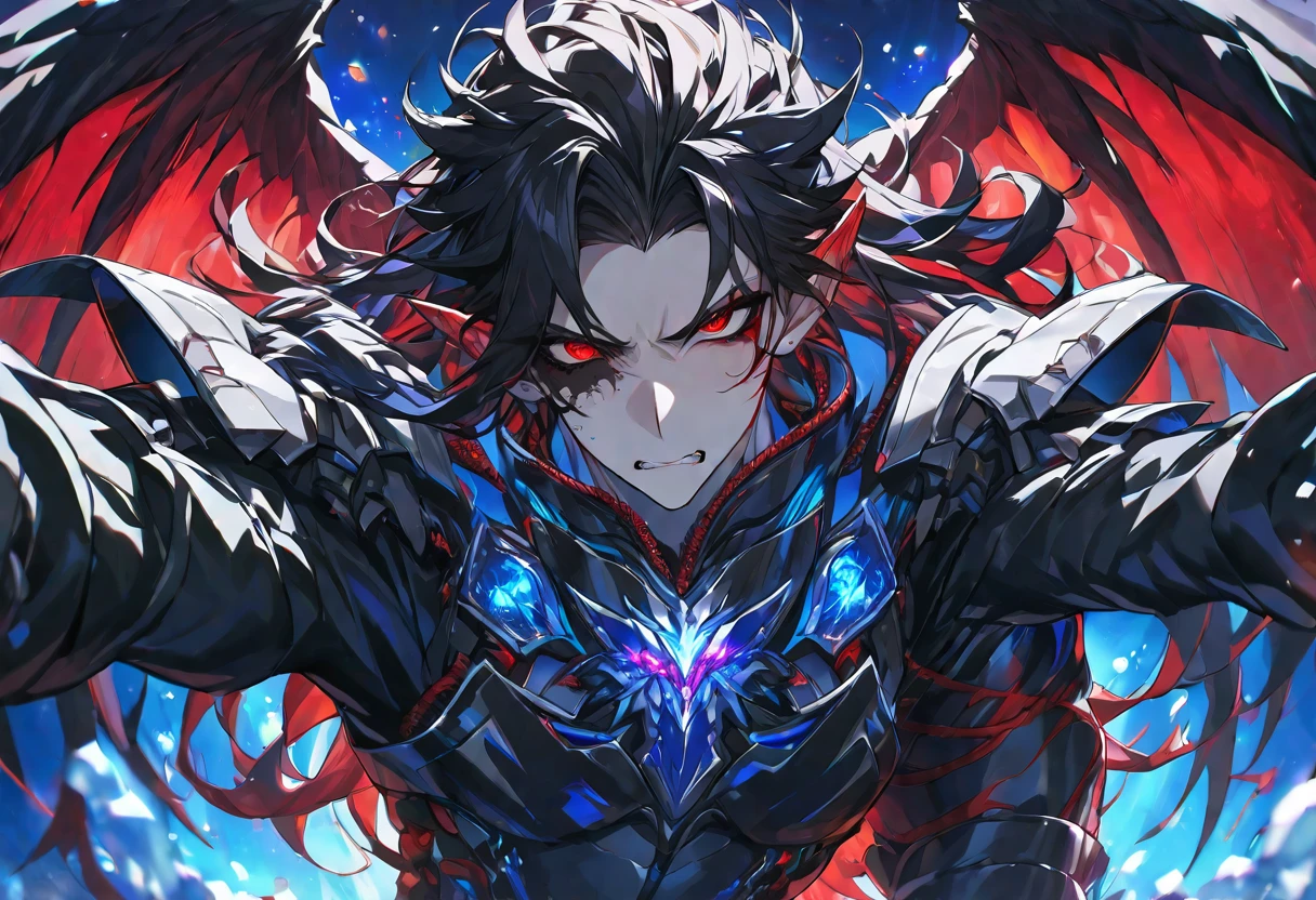 Best quality, One, handsome, 1 man, with a sporty body, V-shaped body, wide shoulders, black detailed armor with luminous bloody details, crazy and wild face, big bloody wings, sharp ears, long hair, black hair, model hair, black sclera and blood red iris eyes, around him in weightlessness blood and ice (snow) and zippers and lights, bloody threads, black light