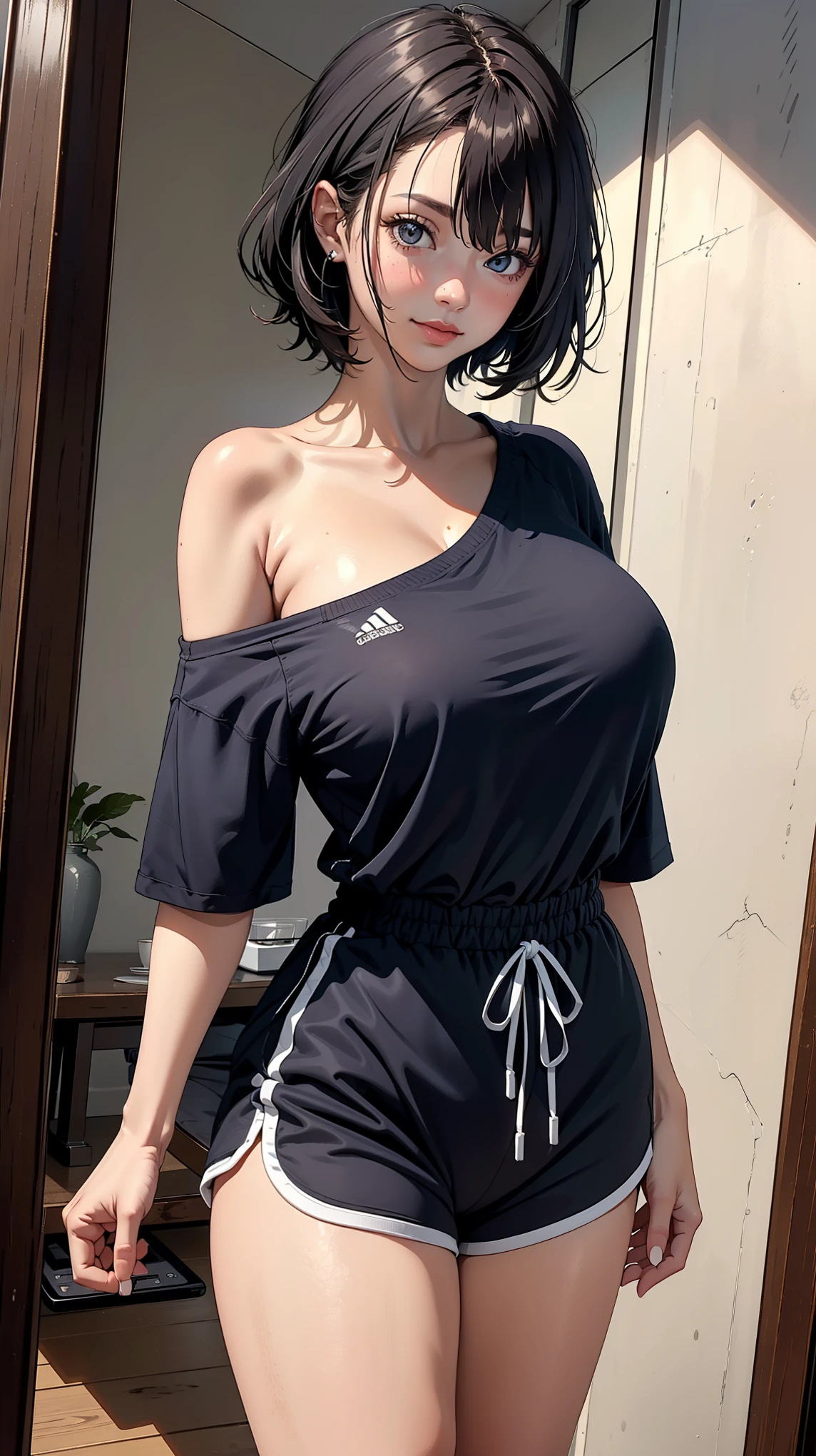 (Tomboy), 17 years old, dark hair, masterpiece, narrow waist,huge breast, blush, detail body, indoor, detail eyes, cg, standing, smile, (from front), dolphin shorts, (single bare shoulder shirt short), 