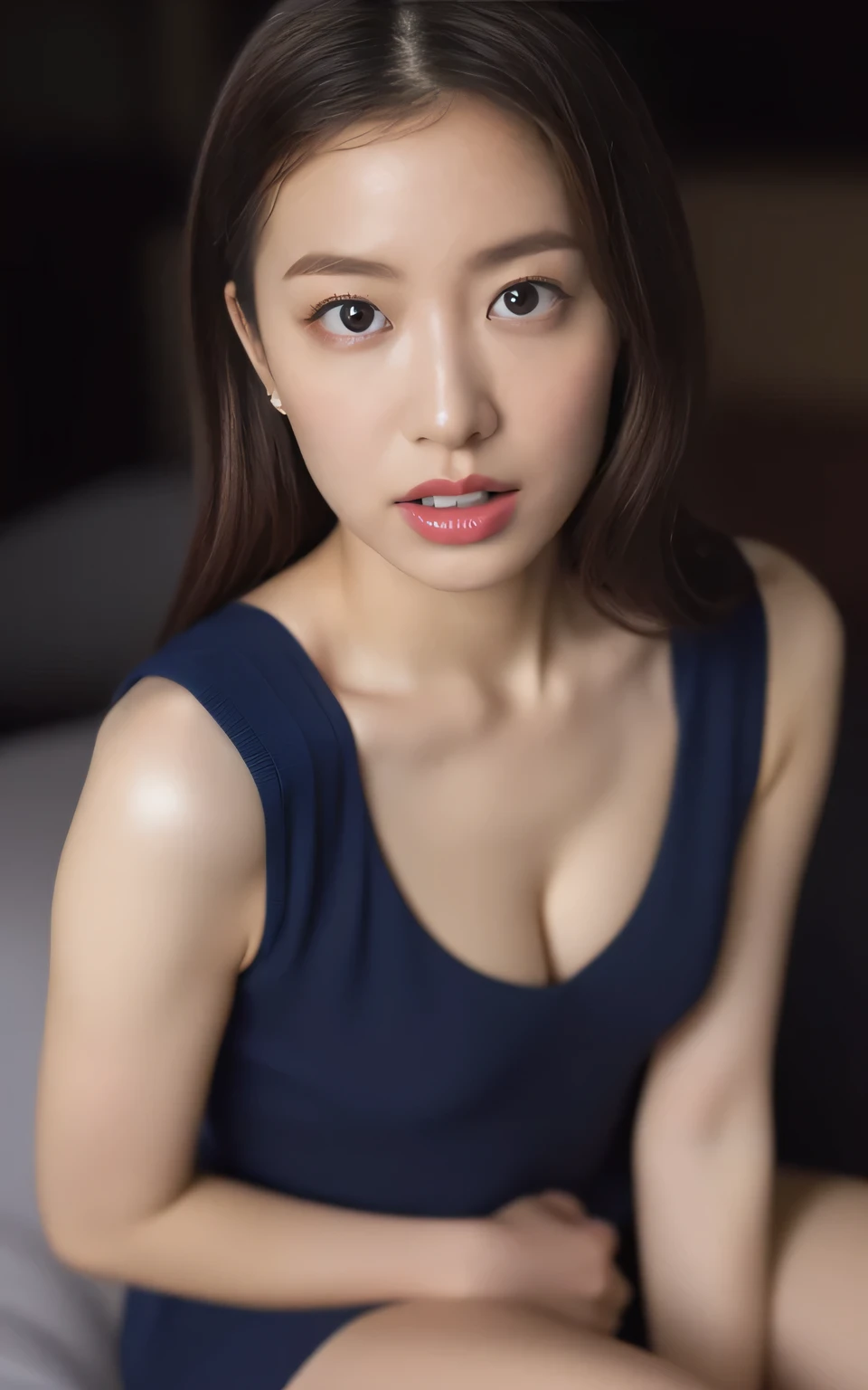 (Blue short sleeveVWearing a neck soccer uniform:1.6),
(No bra, Beautiful thighs, Ultra-detailed skin, Tiny pores in the skin:1.5),
((She is sitting deep on the sofa in the living room, She is getting aroused and her hips are wriggling, Her body is incredibly beautiful and stylish, Gently touch the chest to the thighs, Her face is so cute when she feels it :1.3)),
((22 years old, Beautiful college girl, Sexy body, She's inviting me to bed:1.4)),
((Small breasts, Flat Chest:1.2)),
((Bedroom at home, Complete darkness:1.4)),
Eye focus, Narrow shoulders, Beautiful clavicle, length, Thin arms, Thin legs, The back of the hand is beautiful and feminine, Slim figure, Soft belly, Tight waist, Highly detailed face, super detailed breasts, Ultra-detailed skin, Fair skin, Shiny skin, Ultra-detailed lips, Fuller lips, Glossy pink lips, Blushed, White teeth, Beautiful actress'Dull makeup, Pink lipstick, Dark brown hair, Delicate and soft hair, (Put your hair up, Fluffy short bob, ponytail:1.2), (Sweep your bangs to the side:1.2), (Stylish earrings,necklace:1.2),
