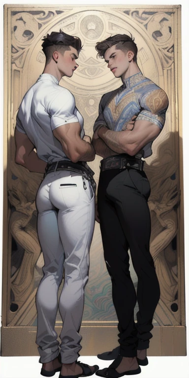 best quality, master piece, full body shot, highly detailed painting by alphonse mucha, ((((Two young men, 19 years old)))), athletic, attractive expression, earrings, fantasy, dramatic pose, whole body, concept art, Masterpiece, Oil paints, aesthetically pleasing, beautiful, high art, painting in the style of Alfonso Mucha, Art Nouveau, (((ancient Greek myths)), ((Two young men, 19 years old In short transparent white tunics)) athletic, athletically built, thin waist, prominent muscles, large, Volumetric elastic buttocks