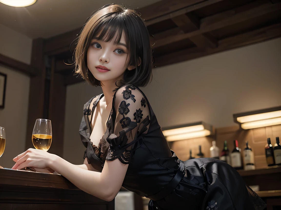 Ultra HD、8K、(1 female:1.2. Beautiful and natural、High-quality texture, Intricate details, Fine texture, High detail, Extremely detailed CG, High Quality Shadows, Realistic facial expressions, Beautiful and delicate down to the last detail, Beautiful and delicate eyes, Brown pupil, Perfectly balanced face, Written boundary depth, Cinematic Light, Lens flare, Ray Tracing,perspective, (Big eyes:1.2), Perfect body,Dutch Angle,Excellent anatomy,, elegant, Bright colors, 、Waist、Small Mouth、((Silけ-colored clothes))、((bar))、((furubody))、15 years old、(Very short hair/Ultra short),night、night scene、(Super Short Hair)、((Ultra short hair、Vertical night roll))、Straight bangs、((one person))、smile、Black short sleeve lace top、Black tulle skirt、Black clothing、Large Breasts、"dwarf" floral clothes、