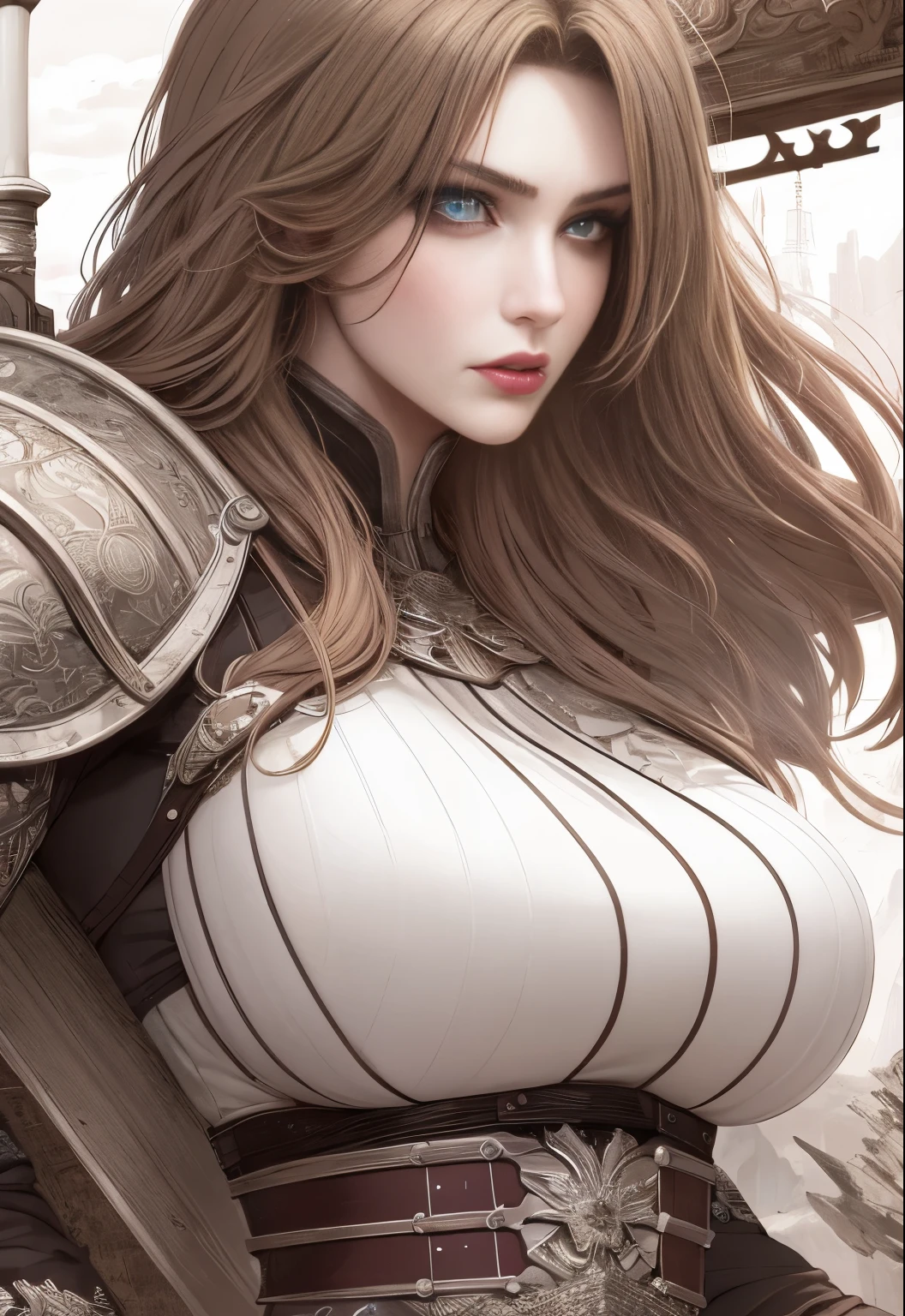 (masterpiece, best quality:1.2), 1girl, solo, mature_lady, female warrior, holding sword, armor, intricate armor details, muscular, determined expression, dynamic pose, highly detailed face, beautiful eyes, long eyelashes, chiseled features, leather gloves, fantasy landscape, cinematic lighting, muted color palette, dramatic shadows