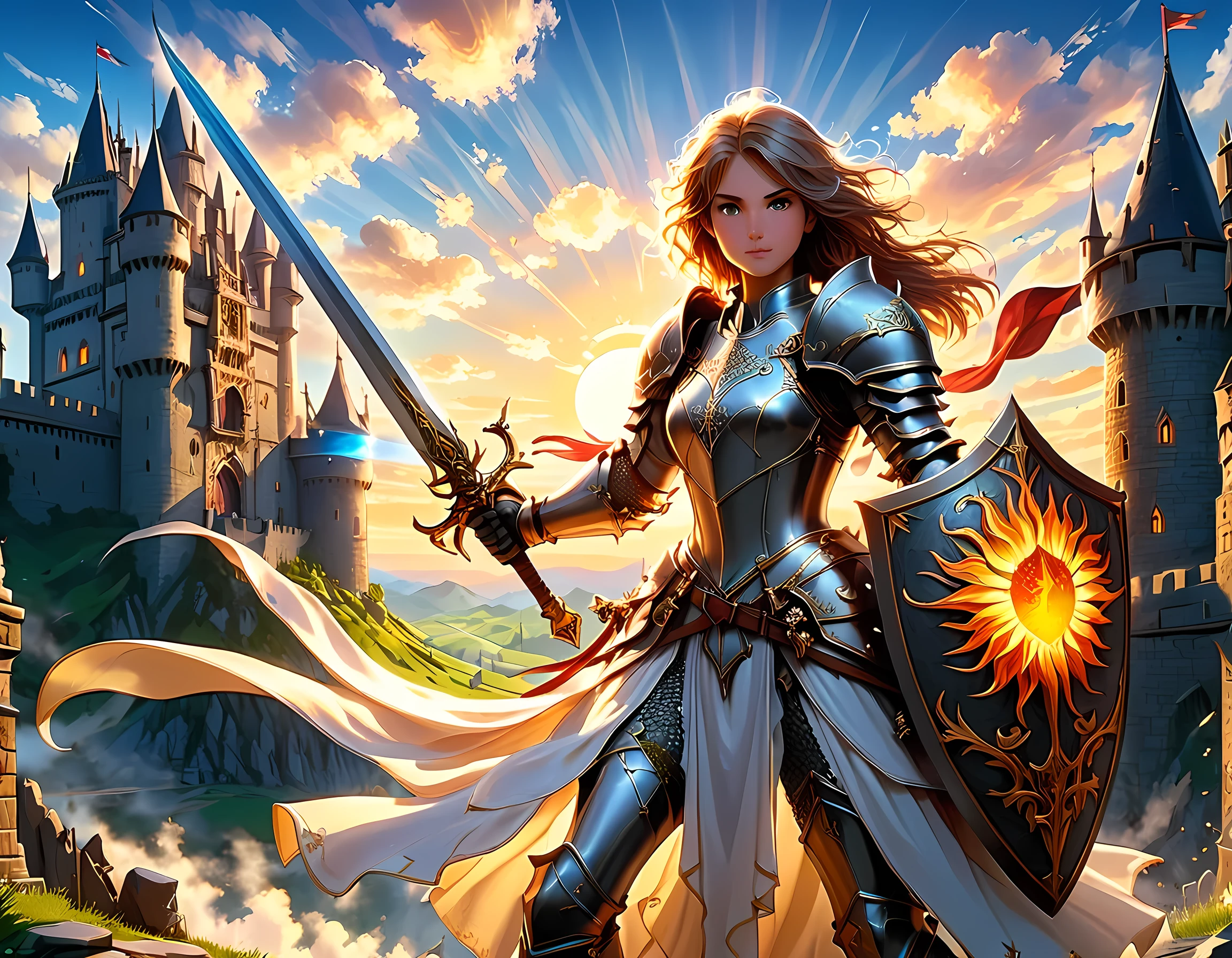 16k, ultra detailed, masterpiece, best quality, (extremely detailed), arafed, dnd art, panoramic view, full body, a lady knight standing on the all of the castle as the sun rises, she is holding sword and shield, you see only the silhouette of knight, intense eyes, ultra feminine, ultra detailed face, (Masterpiece, intense details:1.5), (anatomically correct: 1.5), determined face, sky are switching day and night, the sun is rising, suns, some stars, rays of dawn, fantasy castle background, Wide-Angle, Ultra-Wide Angle, 16k, highres, best quality, faize, Sword and shield