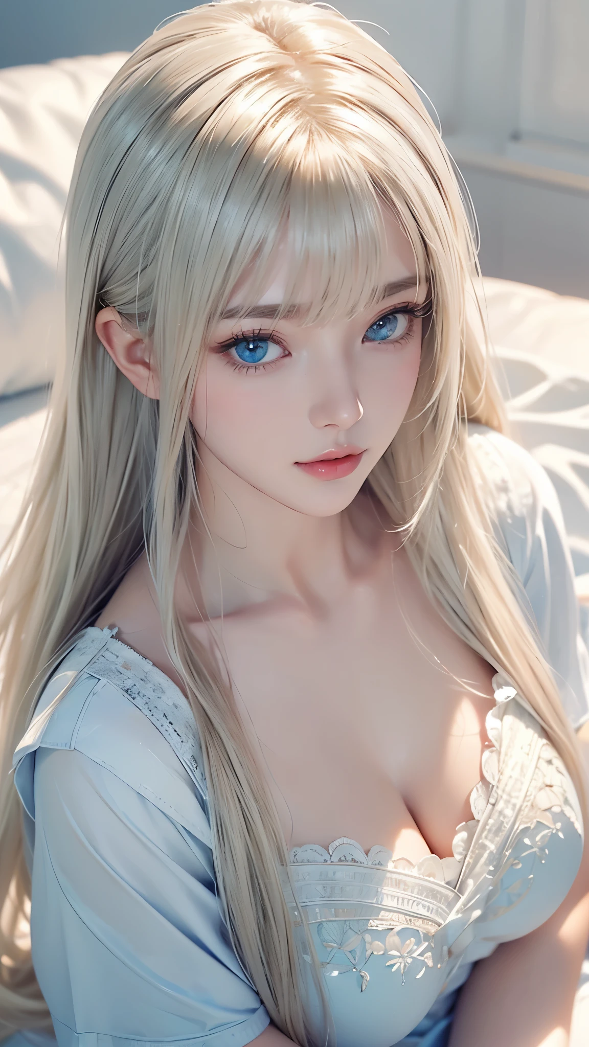 Beautiful innocent 20 year old blonde girl、Beautiful shining platinum blonde hair、bangs fall on face、((Wearing an open white T-shirt,Dramatic Pose)),Sexy Looks,Super long straight blonde silky hair,Bed Background,Beach Background、(Intricate details:1.4)、(Realistic:1.4)、Octane Rendering、精巧な3DレンダリングでSuper detailed, Studio Soft Light, Rim Light, Crisp details, Super detailed, Realistic skin texture, Cheek gloss、Detailed aspect, Very beautiful bright pale blue eyes, Very big eyes、 Perfect beauty、Round face、(Detailed Background:1.2), Shiny skin, whole body、From head to thighs、Cleavage,((sleep with your head up、Angle of view from above))