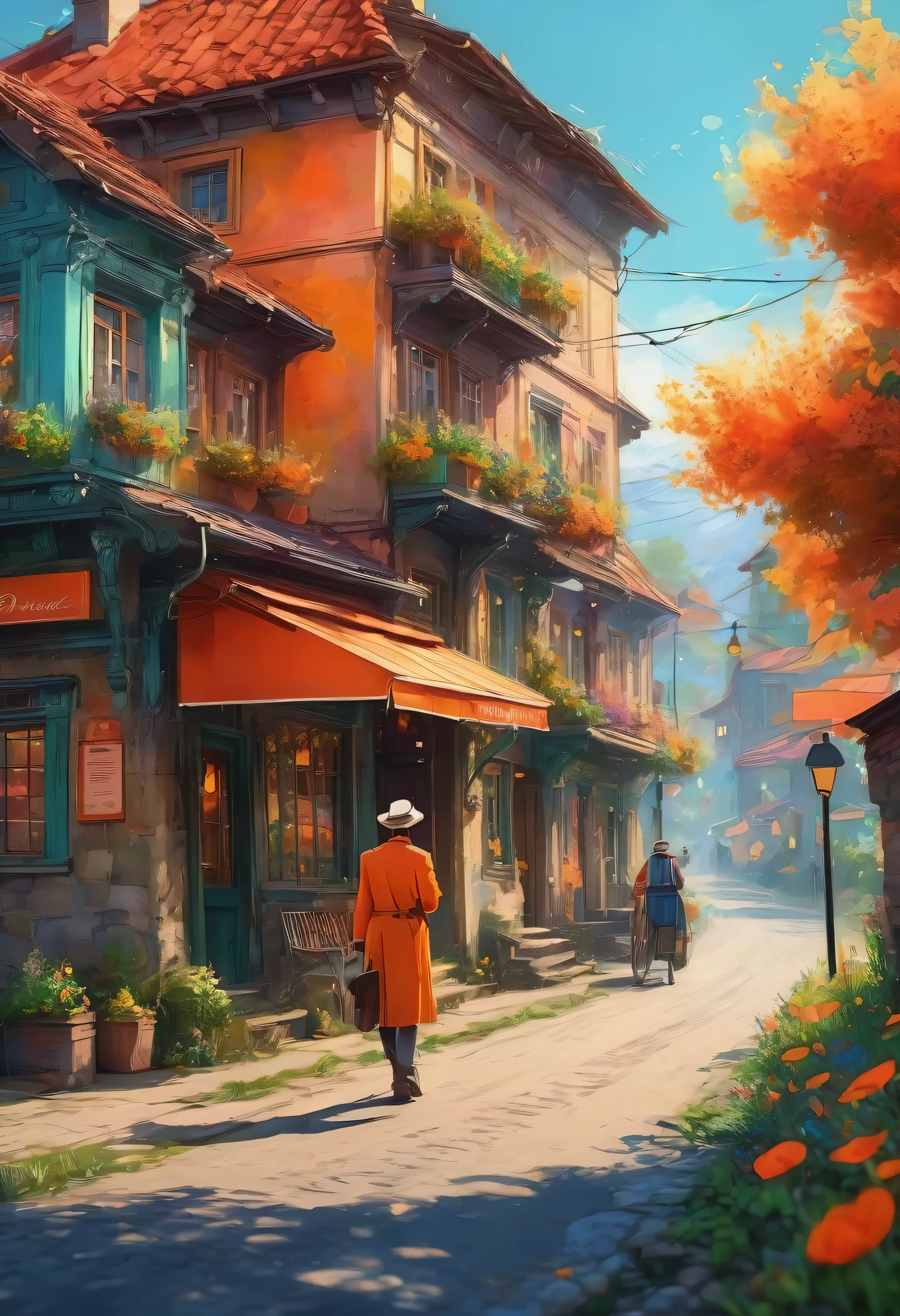 (Postman delivering letters),(highest quality,4K,8k,High resolution,masterpiece:1.2),Long Shot、Super detailed,Base Rendering,Very detailed explanation,Professional,Vibrant colors,Bokeh,Retro,sketch,(Digital Art:1.4),Impressionist effect,(The background of a rural town is depicted prominently.:1.4), reflection,Eyes shining with hope,Psychedelic aesthetics,Red and orange color palette,Soft Shadows,Exquisite detail