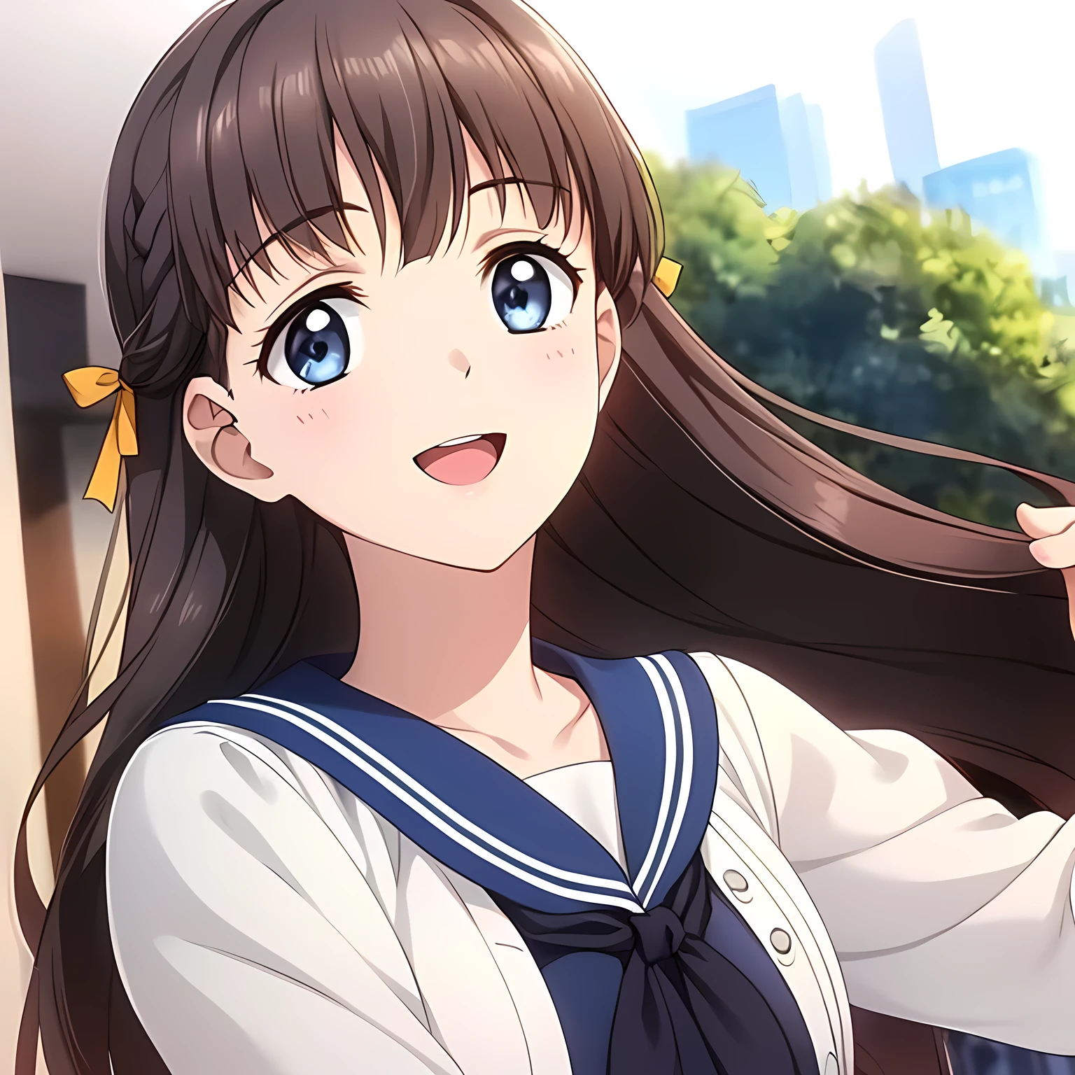 (highest quality, masterpiece:1.2), highest quality, High resolution, 1080p, 8K, Game heroine CG, Height: 158cm, ((A beautiful game heroine is looking up)), A face that everyone loves, Glossy lips, Even bangs, Double, Long eyelashes on both the top and bottom, Smiling blue eyes, The very large and thick yellow ribbon bowtie is very cute., ((Black Hair)), Beautiful, shiny, long black hair, ((A long, neat, dark navy pleated skirt)), (((A long-sleeved navy blue sailor uniform for winter, all dark blue in color))), ((Navy blue jacket)), Smiling, slightly open mouth like a game heroine, Ribbon in hair, Tight waist, The background is a blank white space, ((Blur the background))