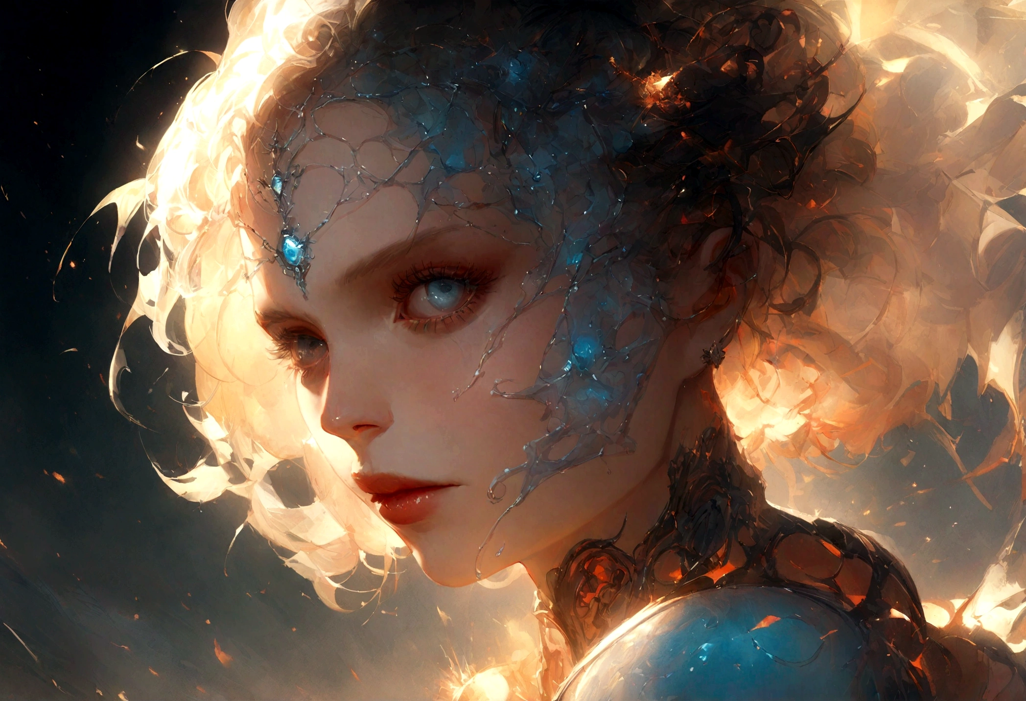 fantchar, a translucent ethereal alien with delicate features in a science fiction setting, brilhando por dentro, Sparks and lights, luar, lua, Close-up, Realistic, altamente detalhado, intrincado