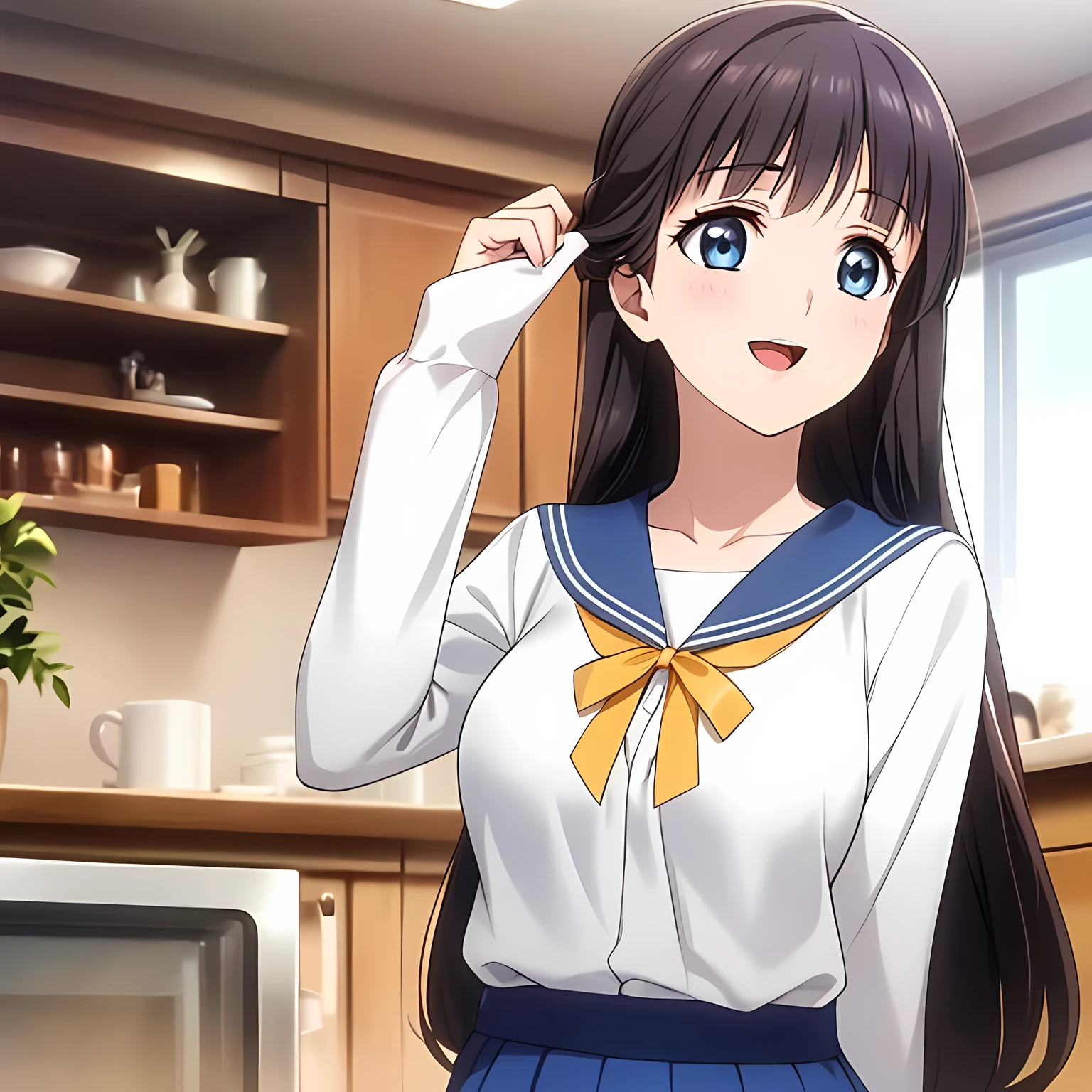 (highest quality, masterpiece:1.2), highest quality, High resolution, 1080p, 8K, Game heroine CG, Height: 158cm, ((A beautiful game heroine is looking up)), A face that everyone loves, Glossy lips, Even bangs, Double, Long eyelashes on both the top and bottom, Smiling blue eyes, The very large and thick yellow ribbon bowtie is very cute., ((Black Hair)), Beautiful, shiny, long black hair, ((A long, neat, dark navy pleated skirt)), (((A long-sleeved navy blue sailor uniform for winter, all dark blue in color))), ((Navy blue jacket)), Smiling, slightly open mouth like a game heroine, Ribbon in hair, Tight waist, The background is a blank white space, ((Blur the background))
