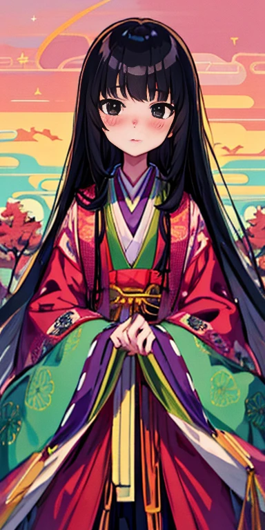 anime girl, wearing juunihitoe, all black uniform, long black hair with bangs, black eyes, beautiful, small breasts, stoic, blushing, slender