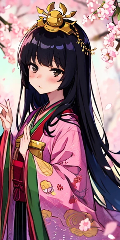 anime girl, wearing juunihitoe, all black uniform, long black hair with bangs, black eyes, beautiful, small breasts, stoic, blushing, slender