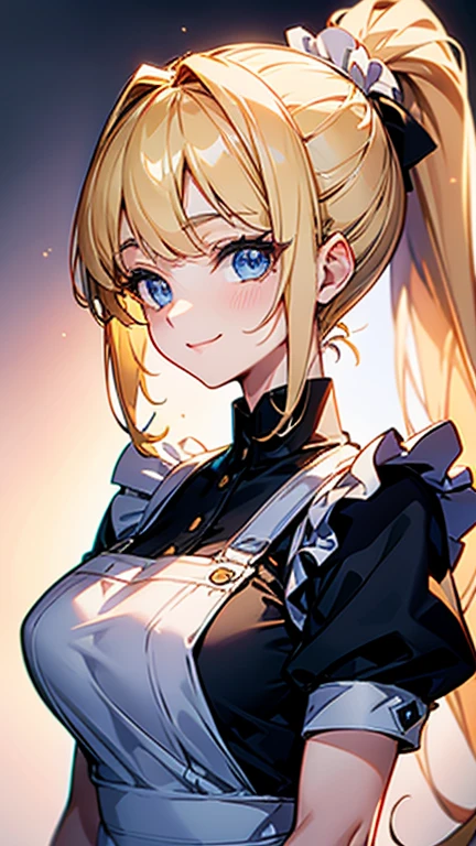 High quality, Best quality , masterpiece, Portrait、、Bright expression、ponytail、Young, shiny, white, glossy skin、Gloss Face、Shining Cheek Gloss、Small Face Beauty、The best beauty、The dazzling light of blonde hair、Bright blonde hair with dazzling highlights、Very beautiful shiny light blonde hair、super long silky straight hair、Her shiny, beautiful bangs are covering her eyes.、Sparkling, clear, attractive, bright, large, pale blue eyes、Very big eyes、eyeliner、very beautiful lovely cute 16 year old girl、young girl, Ample Bust, upper body , (smile:1.2) , (((wearing apron , ponytail )))),in house , huge breast 